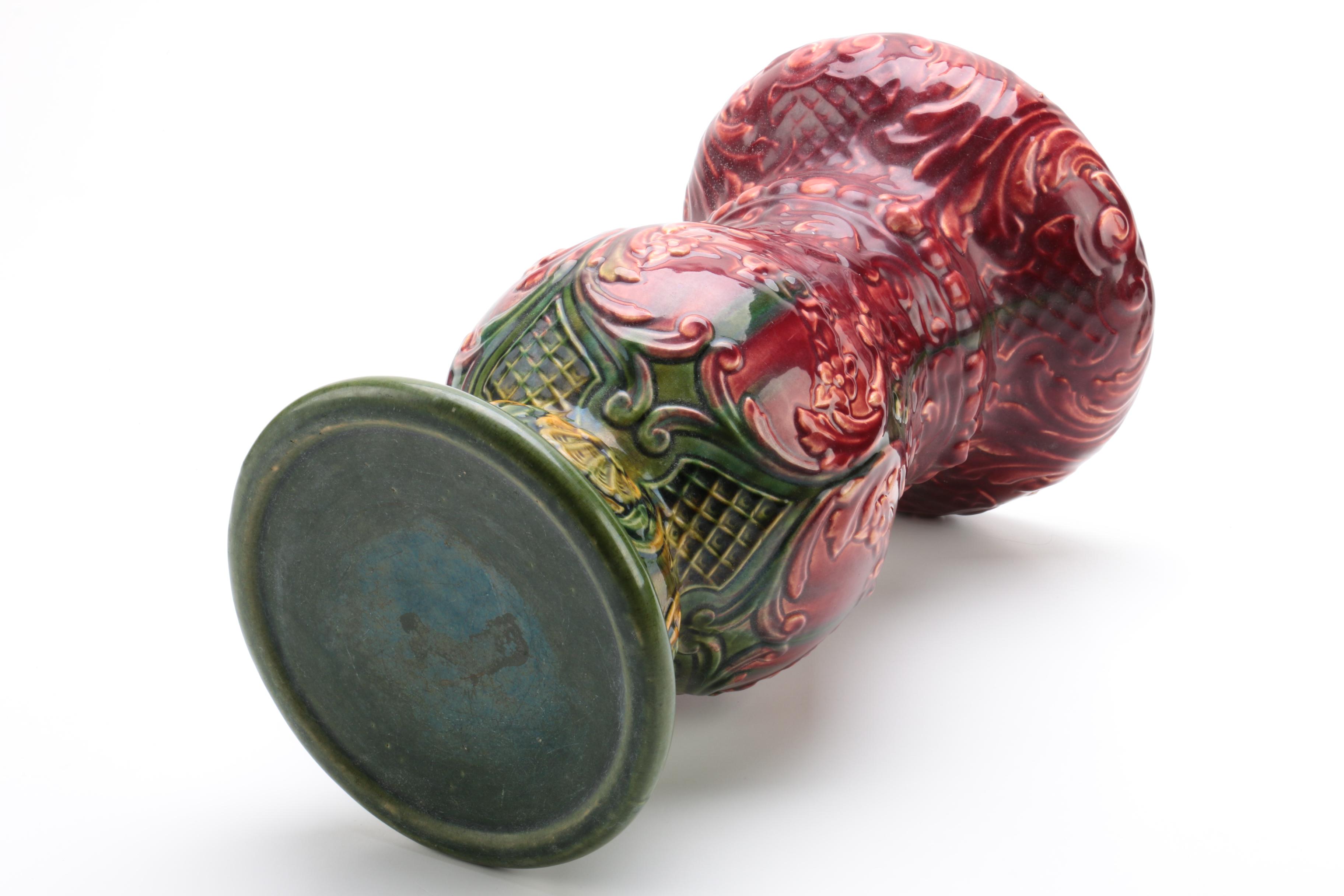 Glazed Ceramic Majolica Style Jardiniere Stand with Scrolling Foliate Design