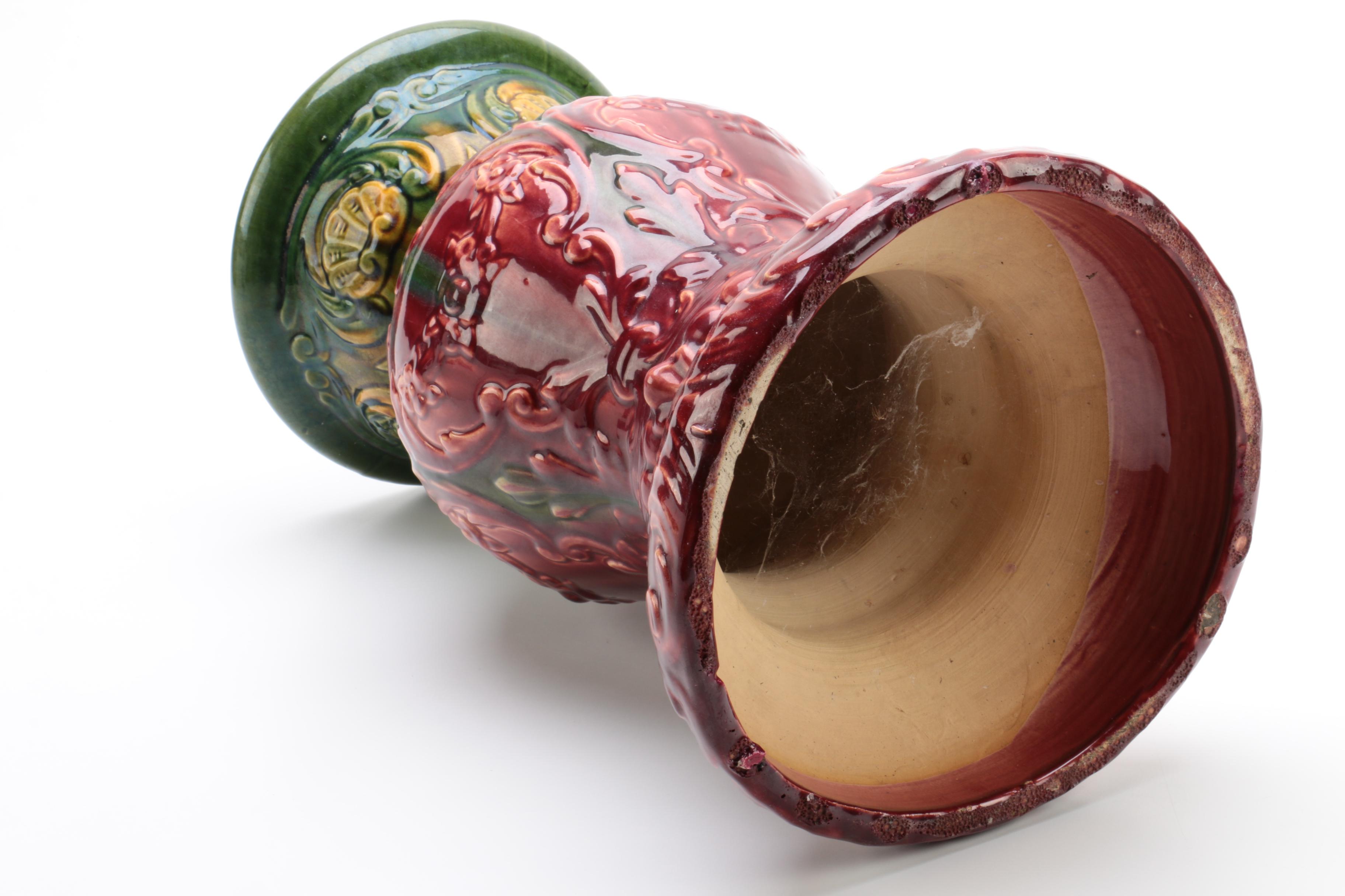 Glazed Ceramic Majolica Style Jardiniere Stand with Scrolling Foliate Design