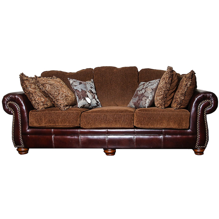 Burgundy Faux Leather Sofa with Brown-Upholstered Cushions