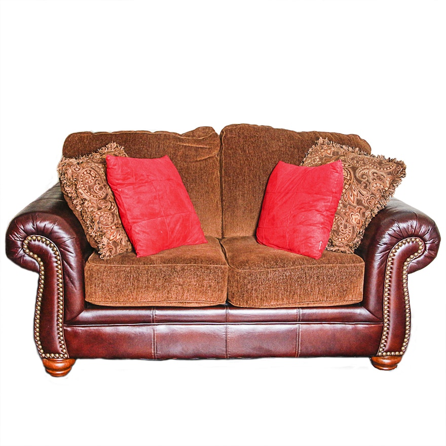 Burgundy Faux Leather Love Seat with Brown-Upholstered Cushions