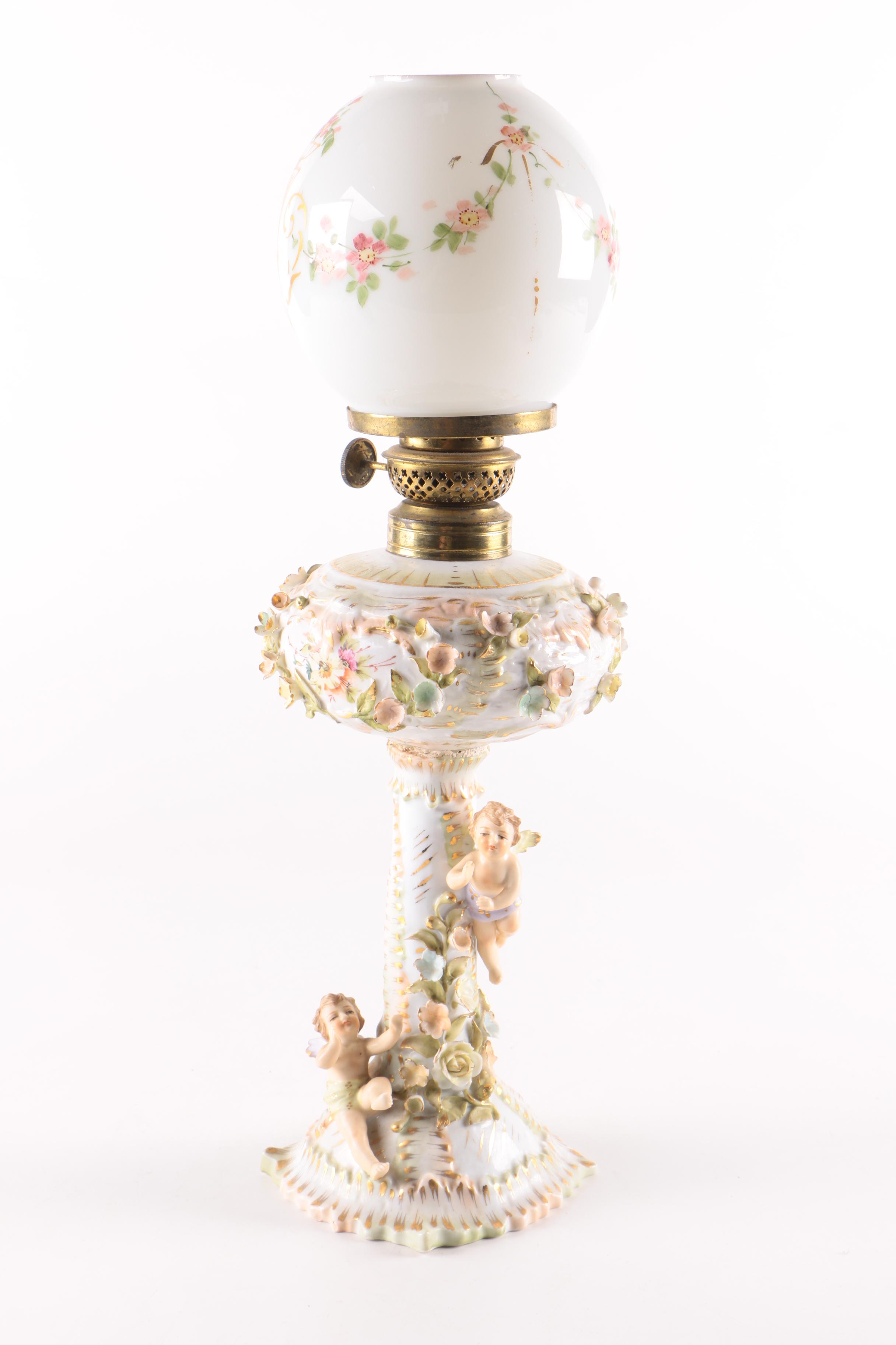 Antique Ceramic Parlor Oil Lamp