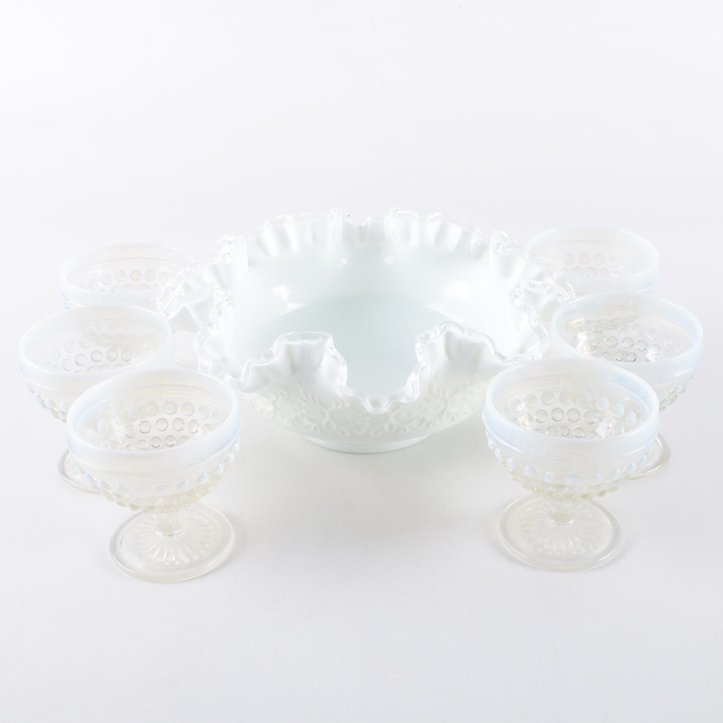 Vintage Fenton "Silvercrest" Milk Glass Bowl and Opalescent Hobnail Cups