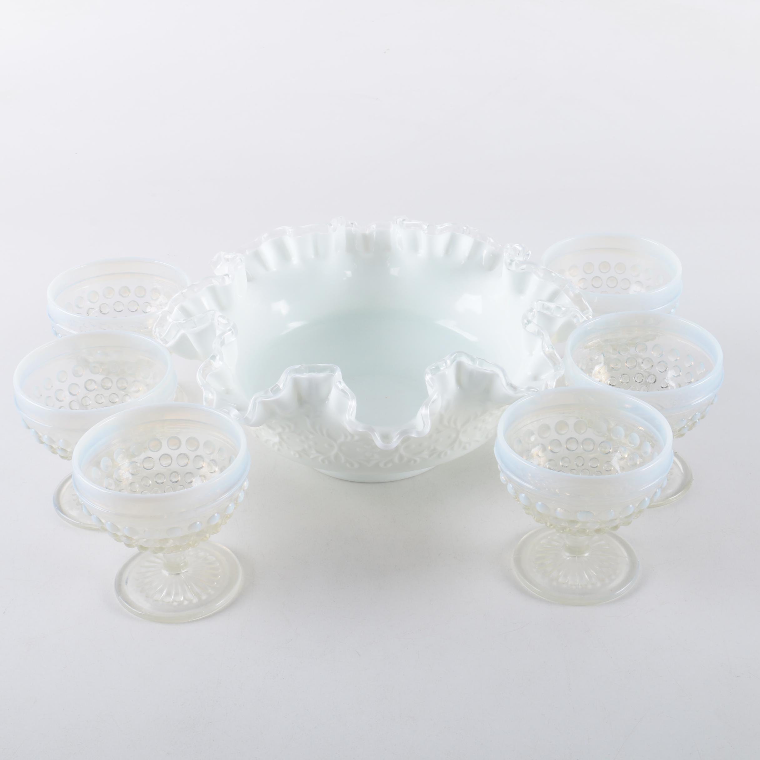 Vintage Fenton "Silvercrest" Milk Glass Bowl and Opalescent Hobnail Cups