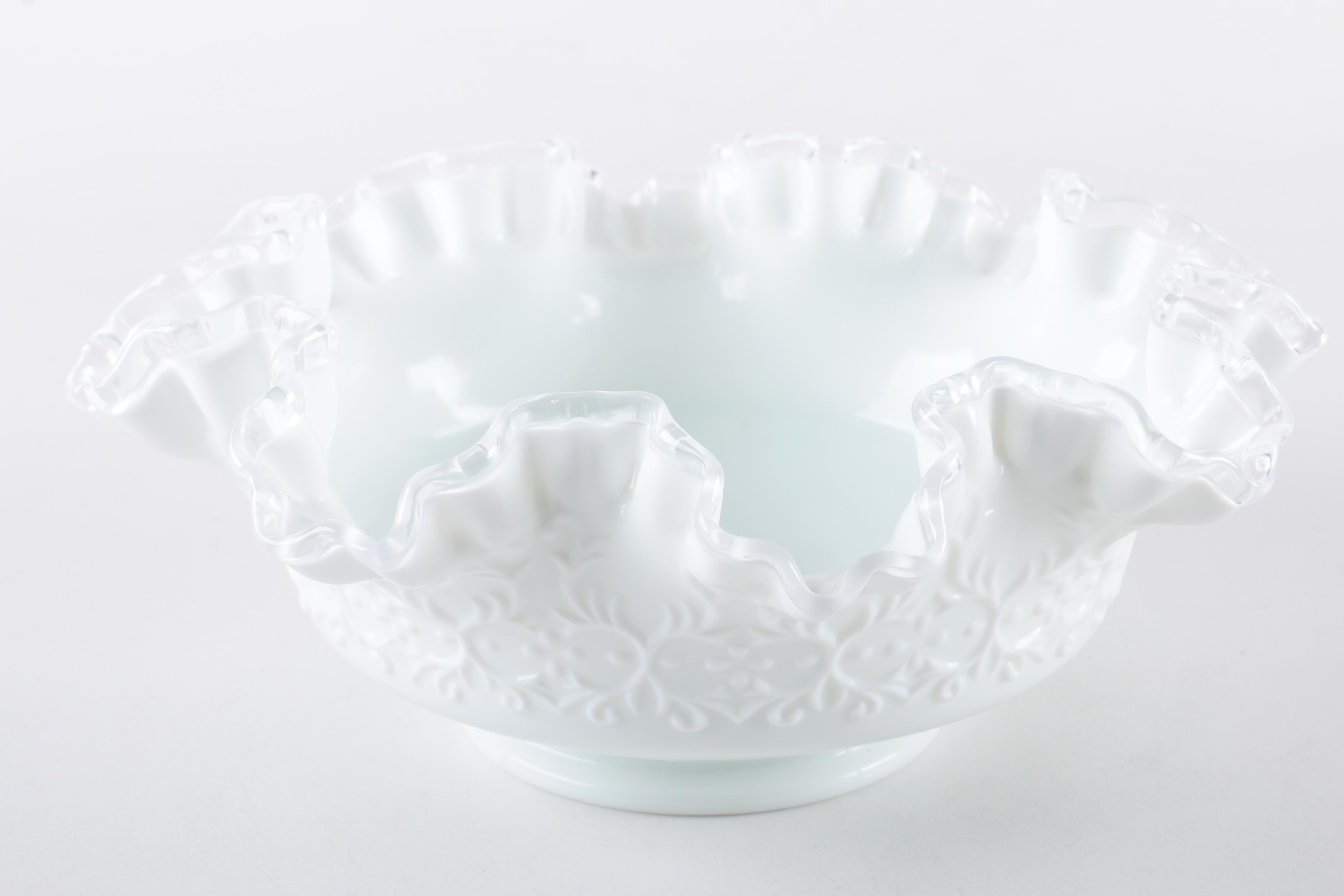 Vintage Fenton "Silvercrest" Milk Glass Bowl and Opalescent Hobnail Cups