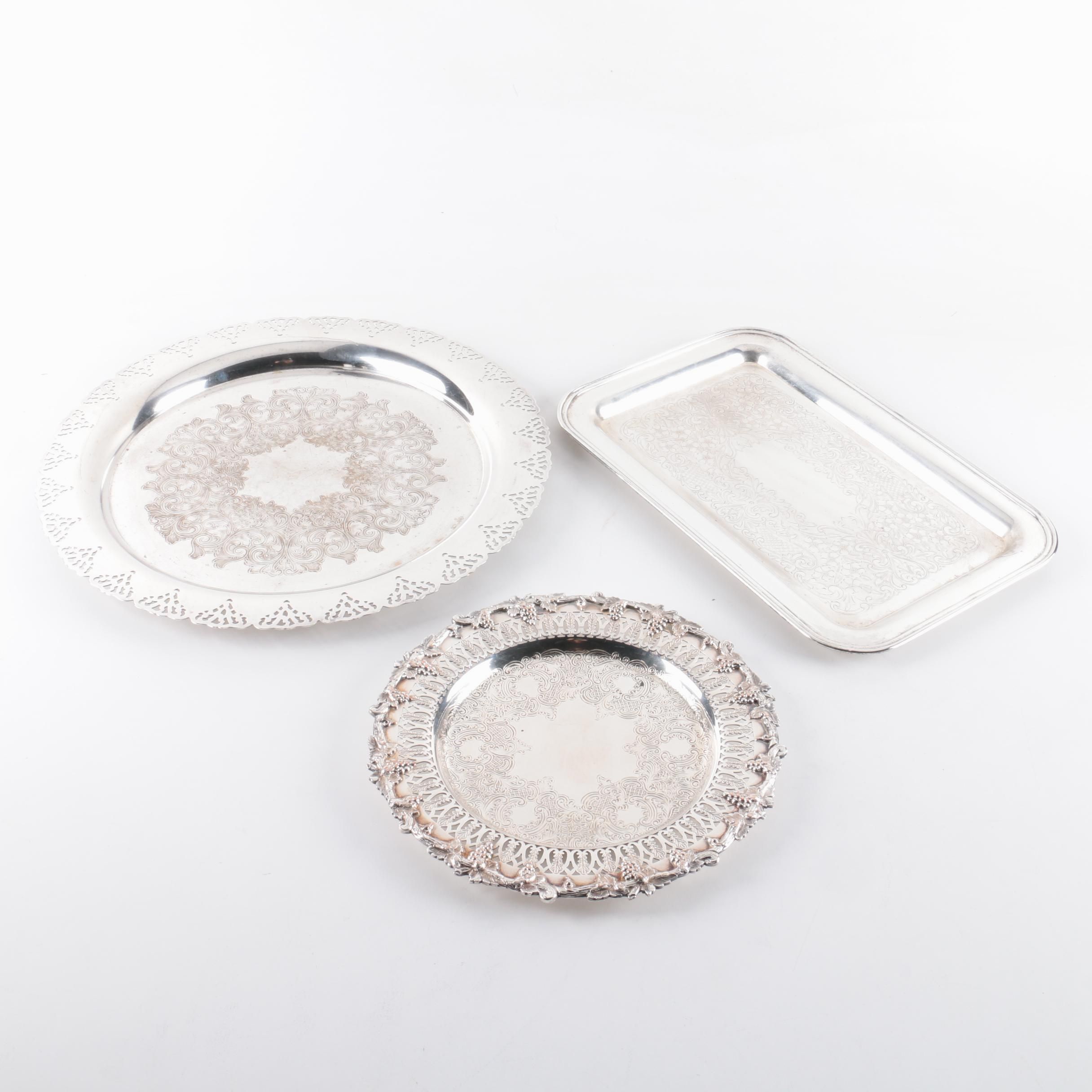 Sheffield Reproduction Silver Plate Serving Tray with Other Silver Plate Trays