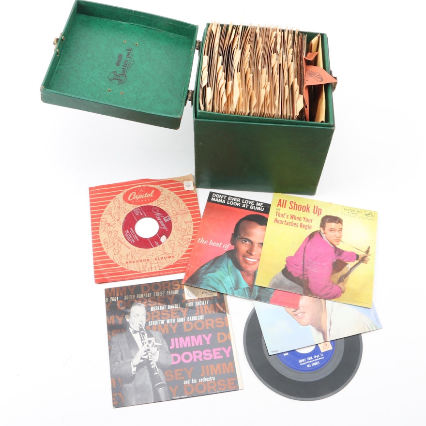 Vintage Elvis Presley, Jimmy Dorsey, and More 45 rpm Records In Carry Case