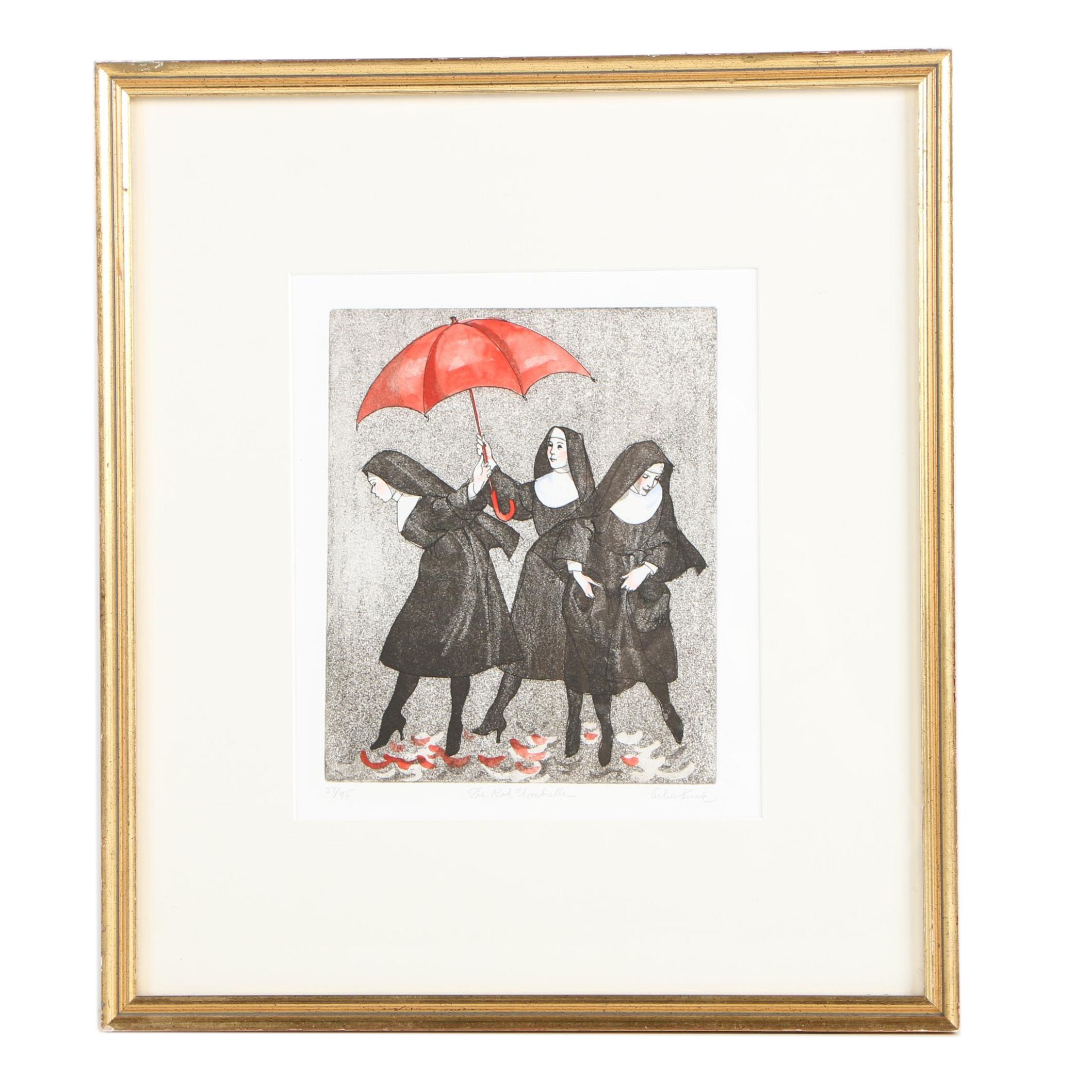 Helen Kunic Late 20th Century Etching with Aquatint "The Red Umbrella"