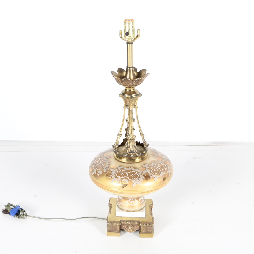 Table Lamp with Painted Glass and Brass on Marble Base