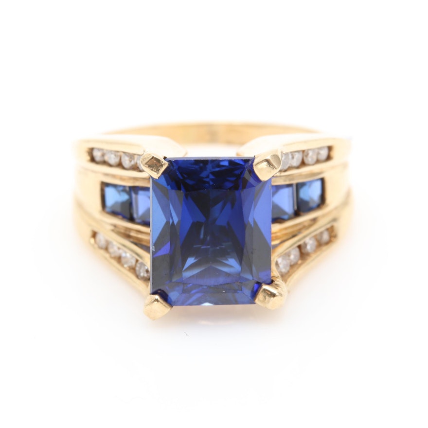 10K Yellow Gold Synthetic Sapphire and Diamond Ring