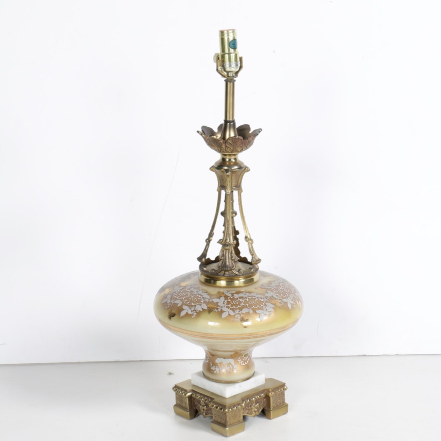 Table Lamp with Painted Glass and Brass on Marble Base