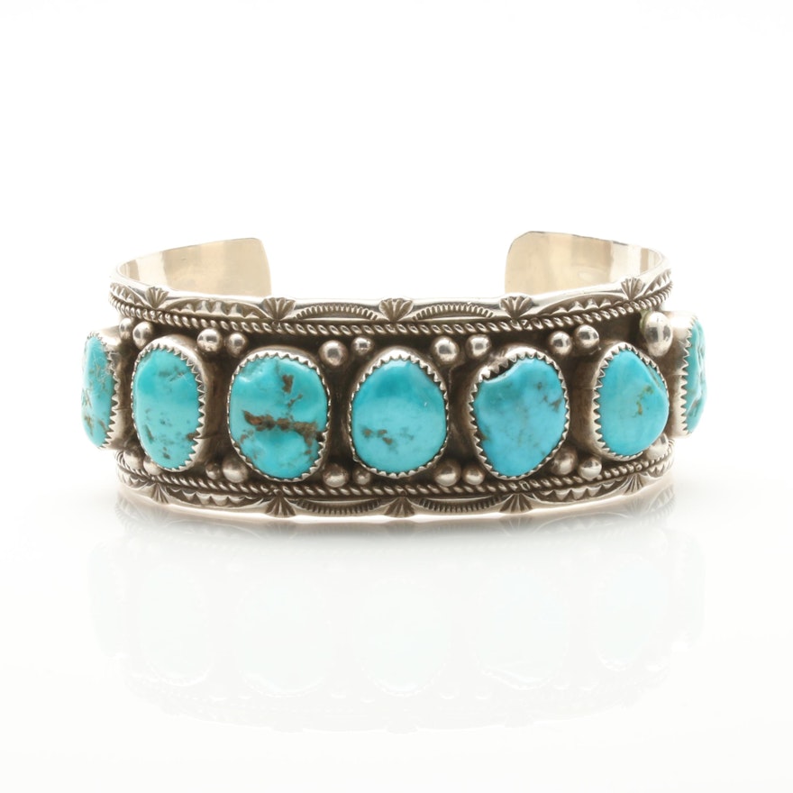 Melvin Thompson Navajo Diné Sterling Silver Turquoise Cuff Bracelet