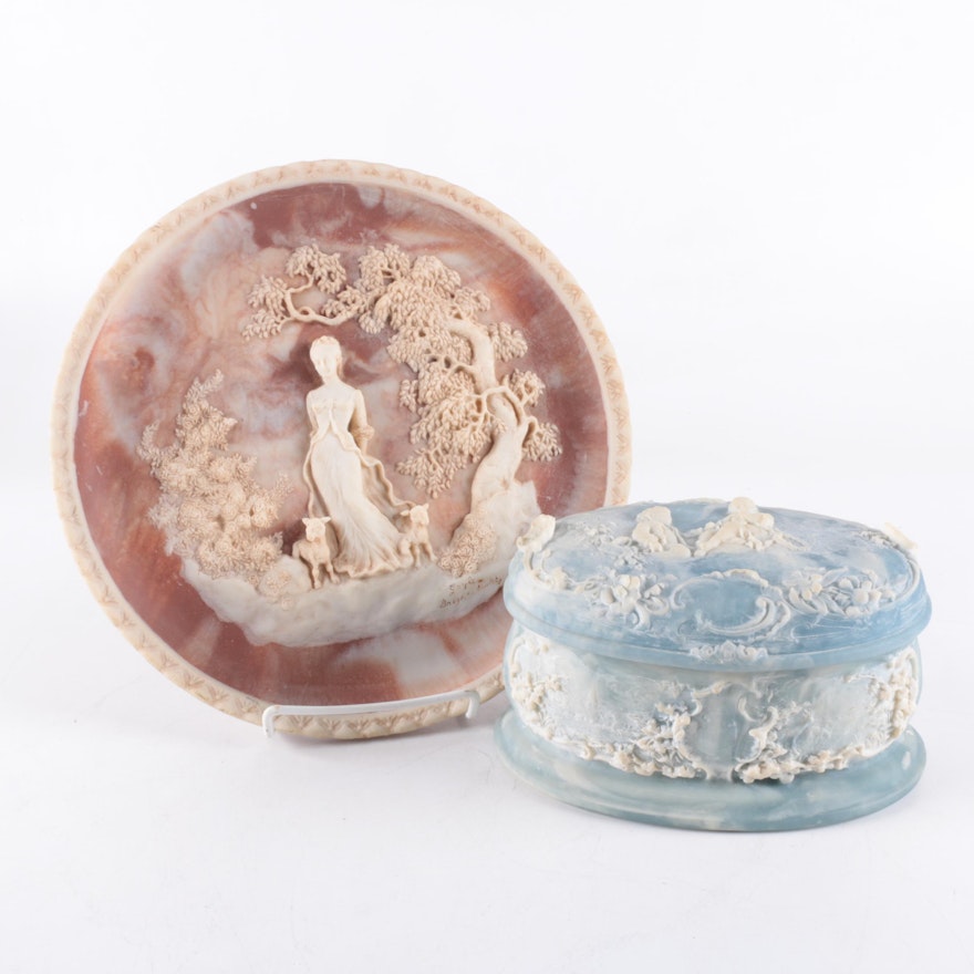 Incolay Decorative Cameo Style Plate and Trinket Box