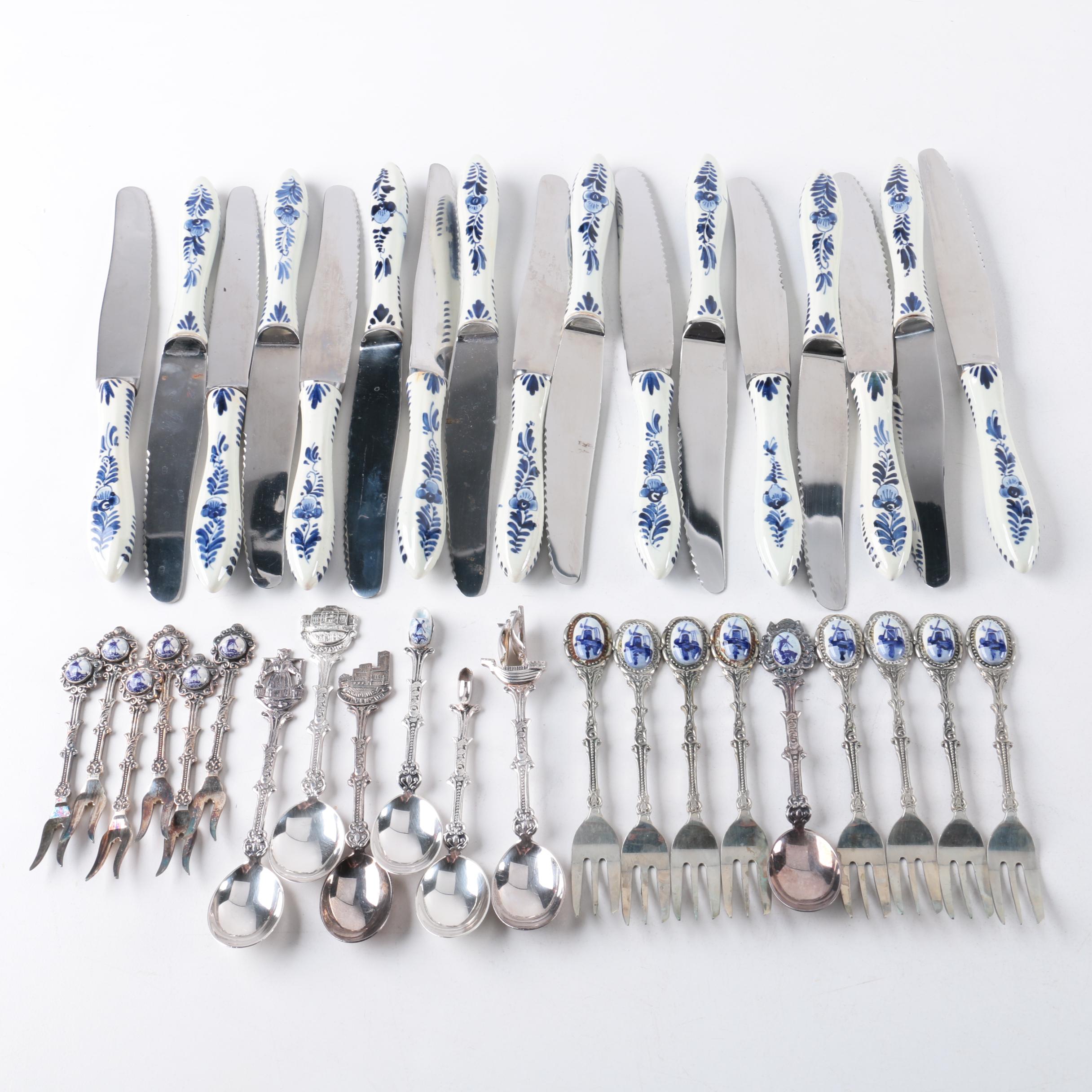 Delft Style Ceramic and Silver Plate Dutch Flatware