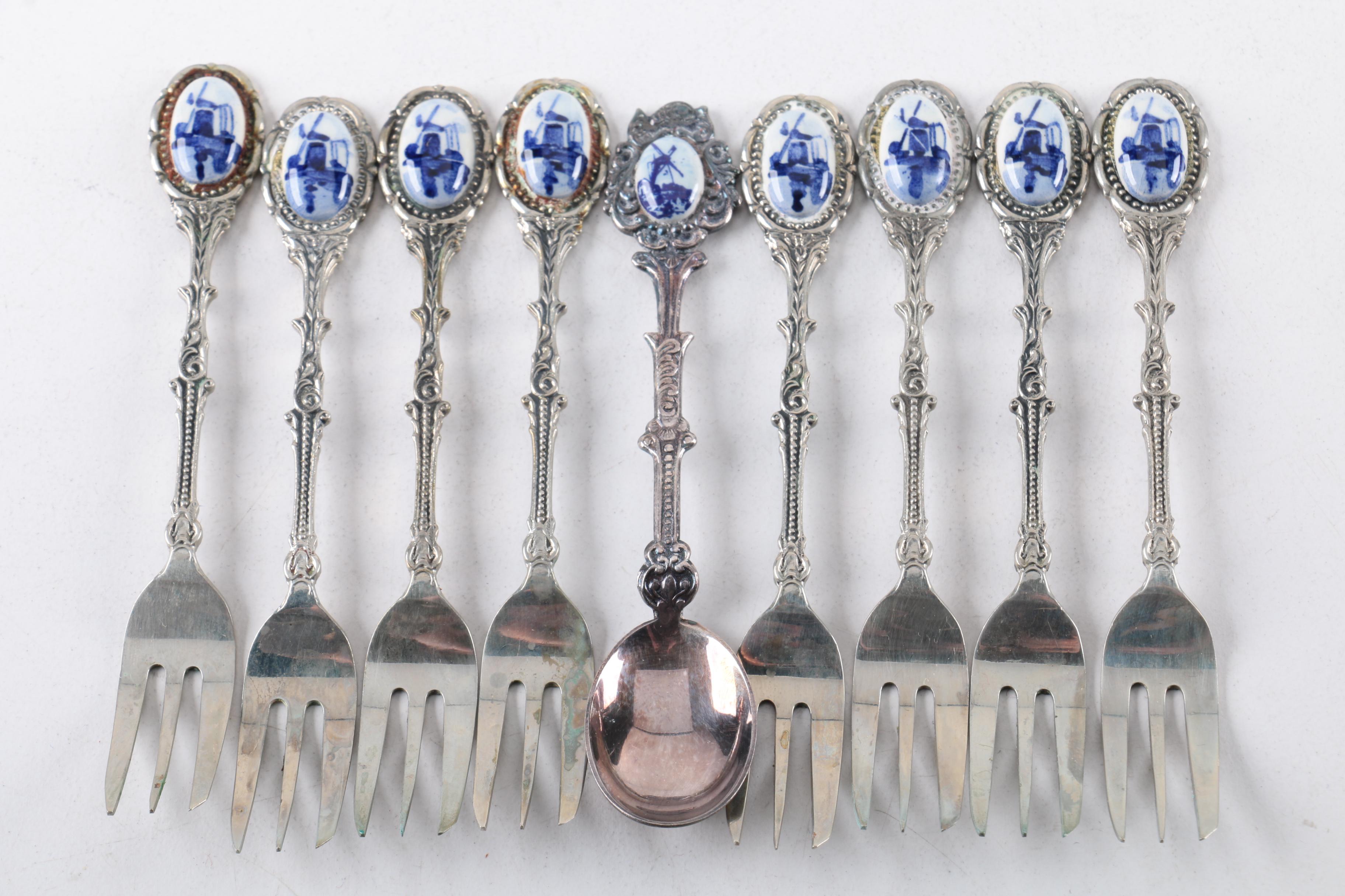 Delft Style Ceramic and Silver Plate Dutch Flatware