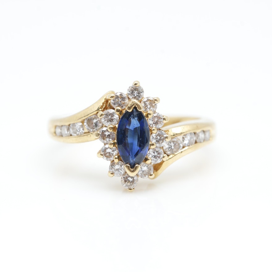 18K Yellow Gold Blue Sapphire and Diamond Ring