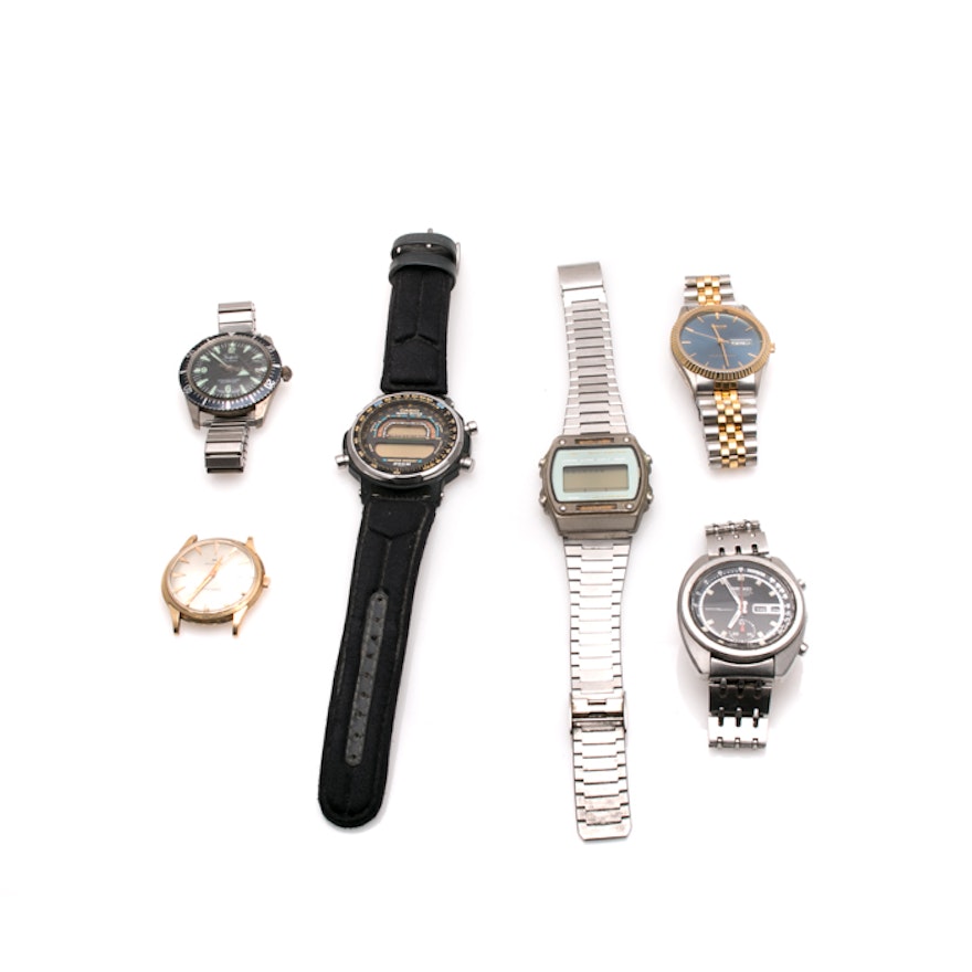 Digital and Analog Wristwatches Including Casio and Seiko