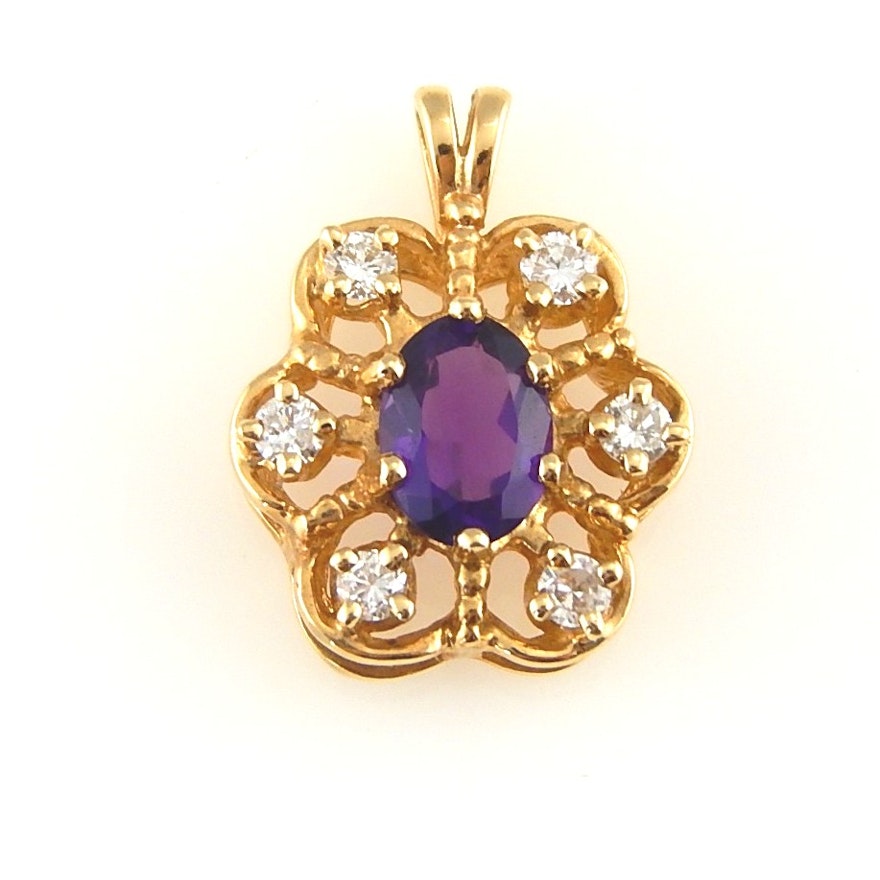 14K Yellow Gold Diamond and Amethyst Pendant