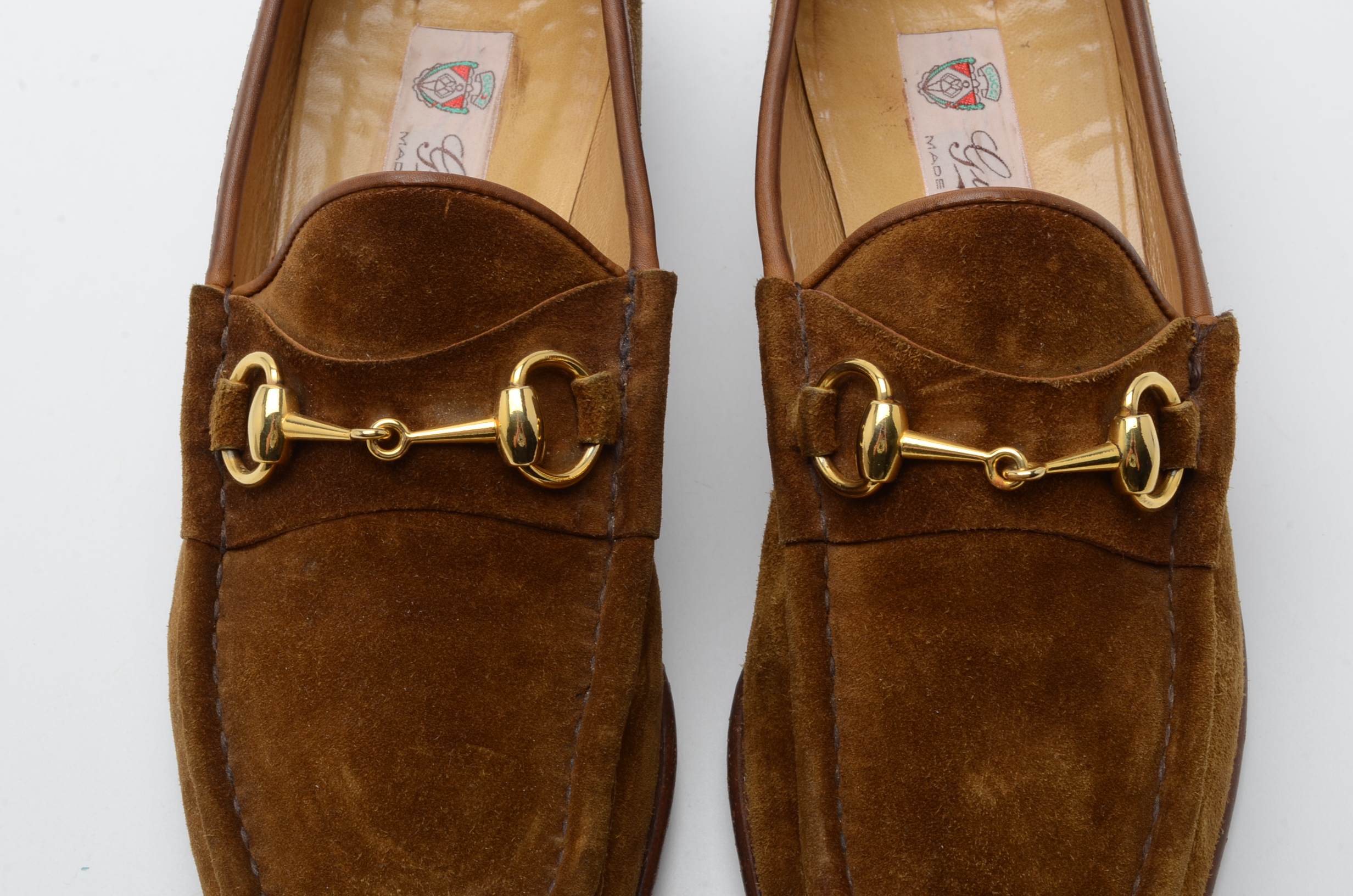 Men's Vintage Gucci Loafers in Cognac Suede with Gold Tone Horse Bit Hardware
