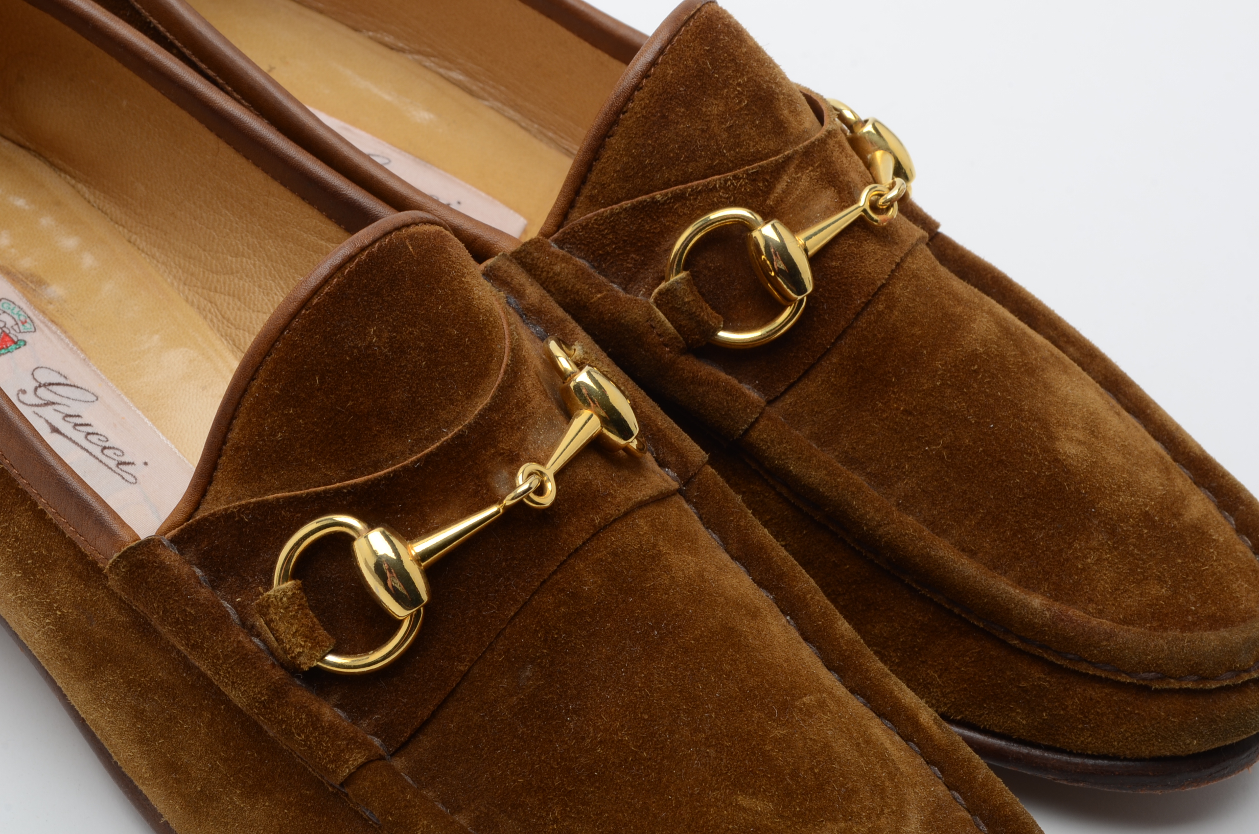 Men's Vintage Gucci Loafers in Cognac Suede with Gold Tone Horse Bit Hardware