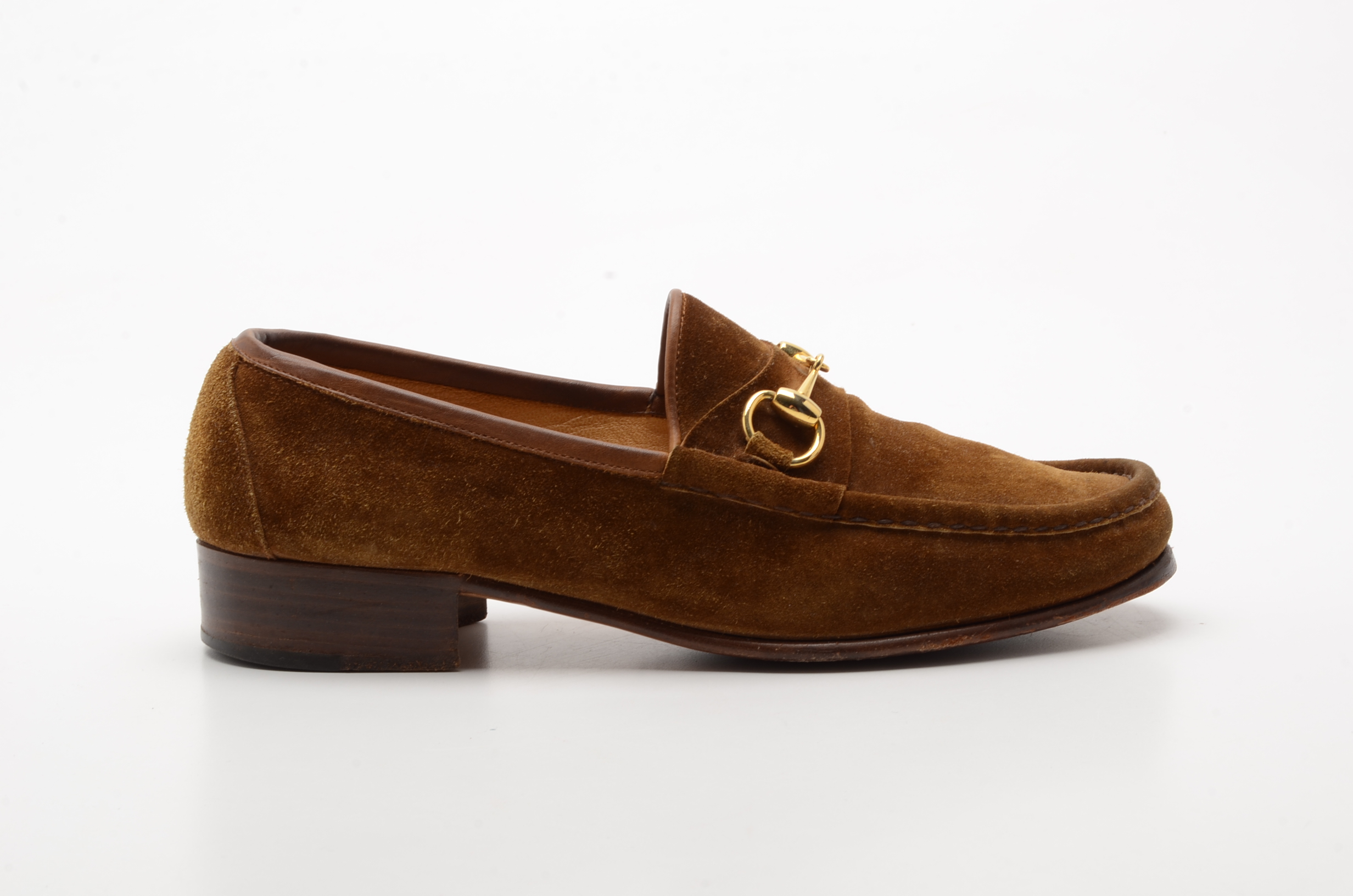 Men's Vintage Gucci Loafers in Cognac Suede with Gold Tone Horse Bit Hardware