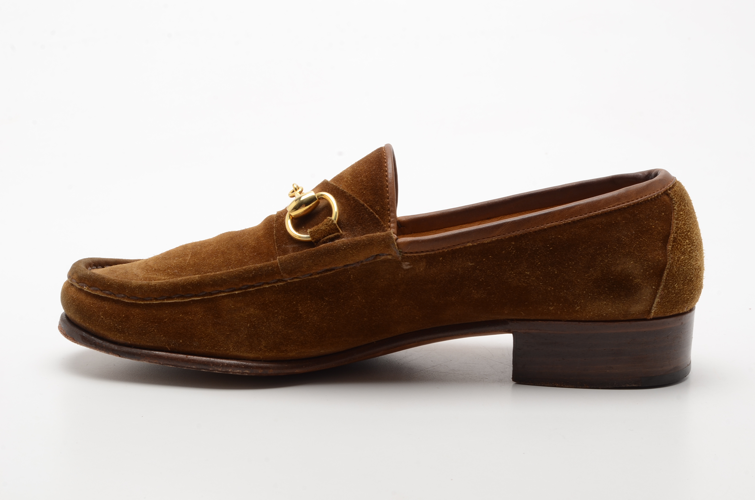 Men's Vintage Gucci Loafers in Cognac Suede with Gold Tone Horse Bit Hardware