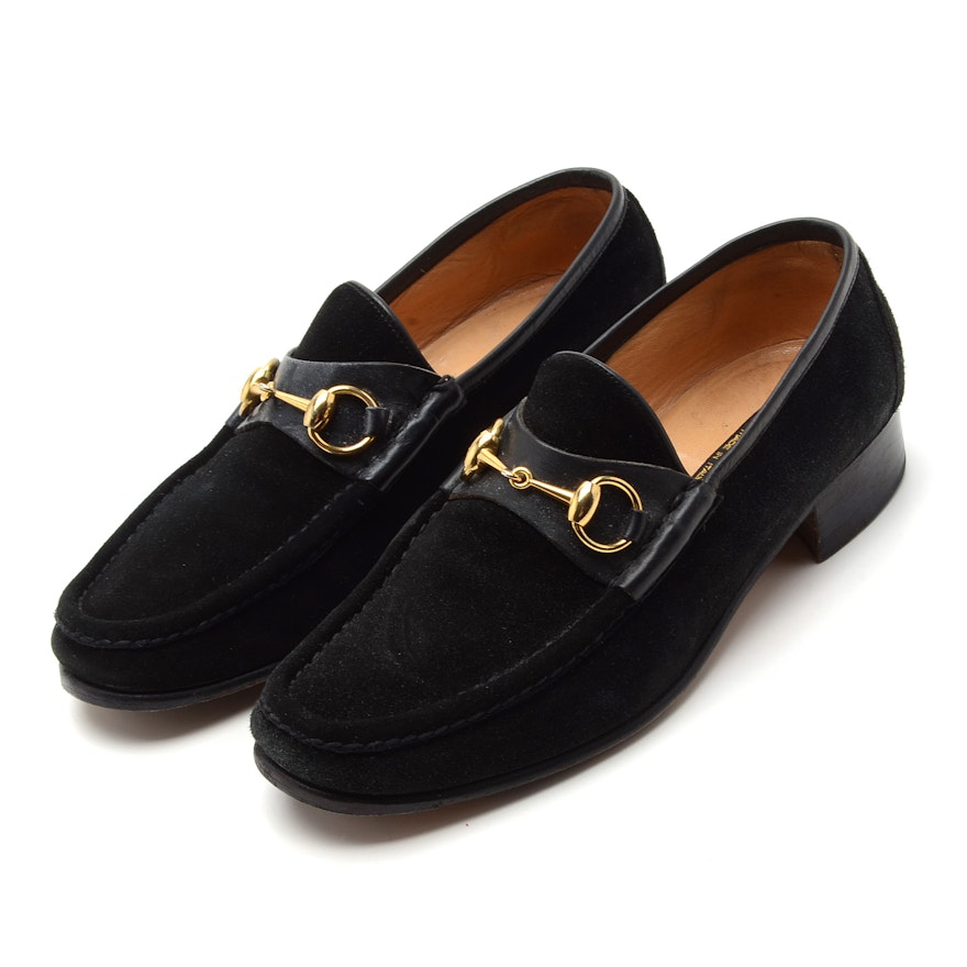 Men's Vintage Gucci Black Suede Loafers with Gold Tone Horse Bit Hardware