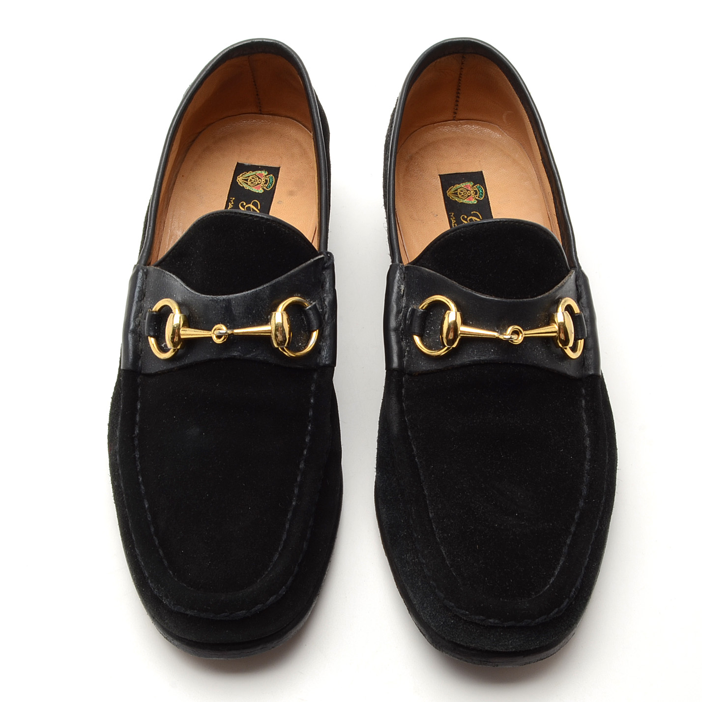 Men's Vintage Gucci Black Suede Loafers with Gold Tone Horse Bit Hardware