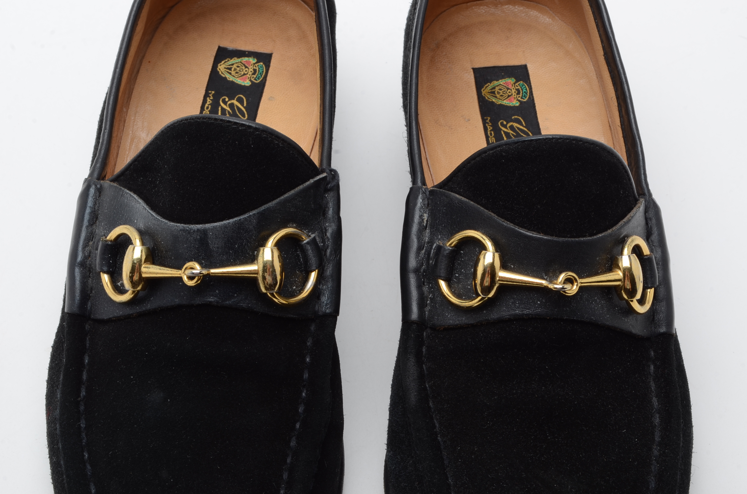 Men's Vintage Gucci Black Suede Loafers with Gold Tone Horse Bit Hardware