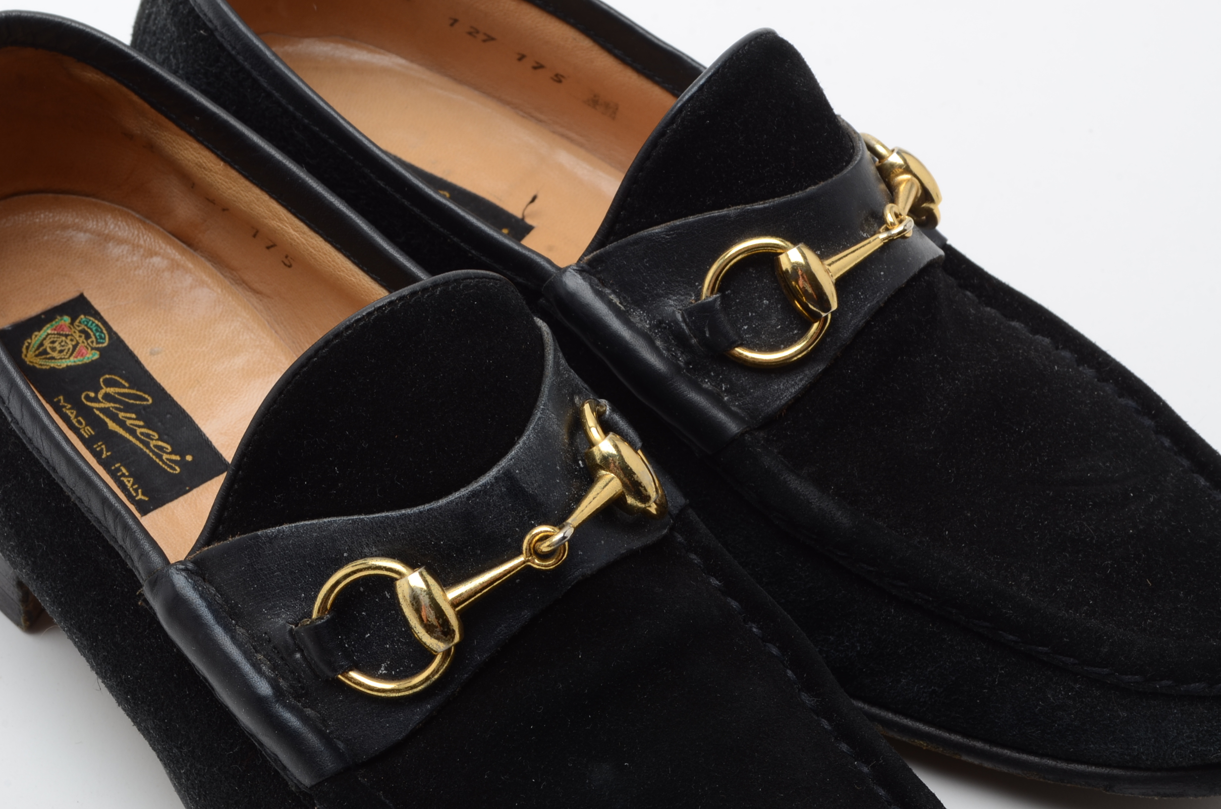 Men's Vintage Gucci Black Suede Loafers with Gold Tone Horse Bit Hardware