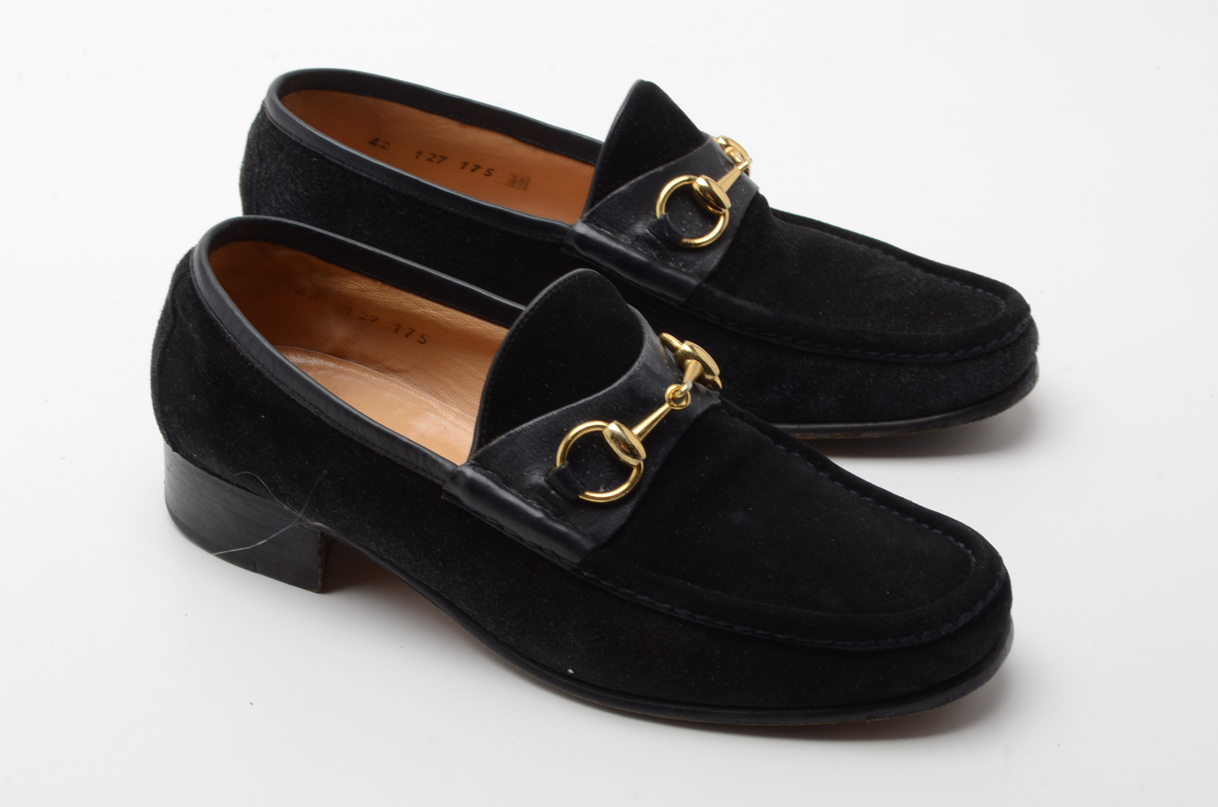 Men's Vintage Gucci Black Suede Loafers with Gold Tone Horse Bit Hardware