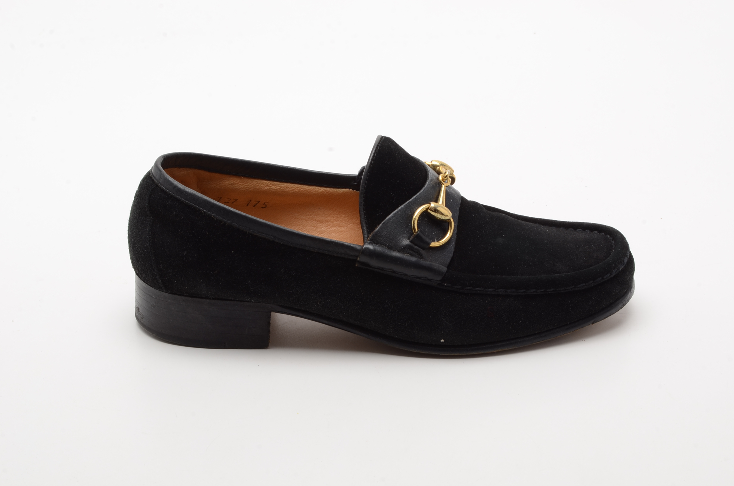 Men's Vintage Gucci Black Suede Loafers with Gold Tone Horse Bit Hardware