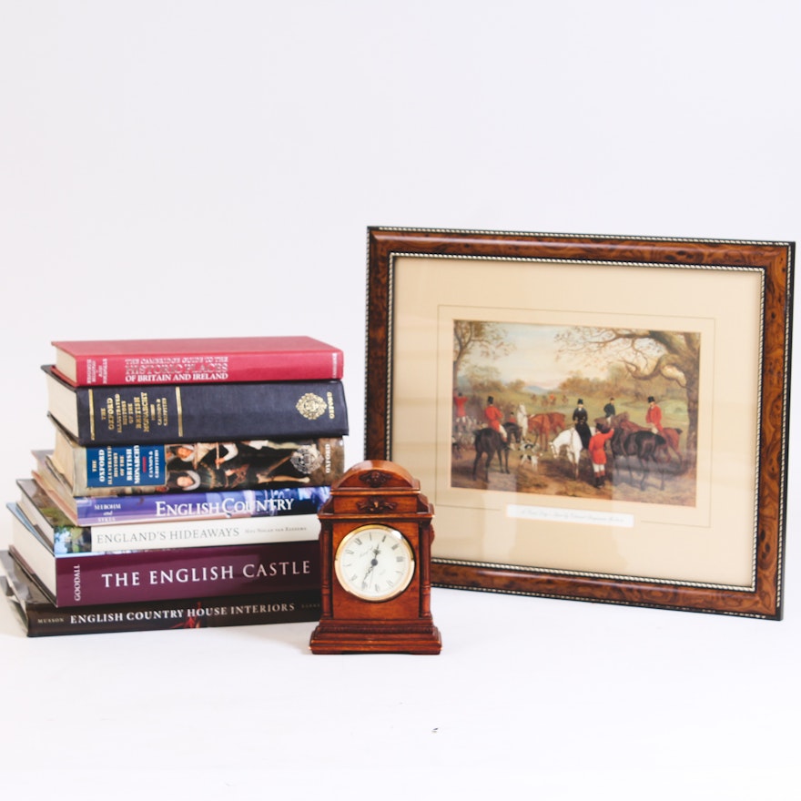 All Things English, Including Books, Hunting Offset Lithograph, and Clock