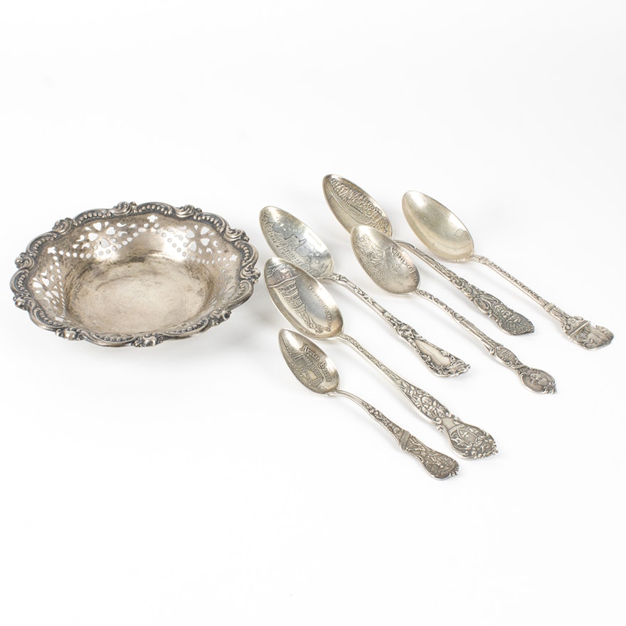 Alvin Manufacturing Co. Pierced Nut Dish with Assorted Sterling Silver Spoons