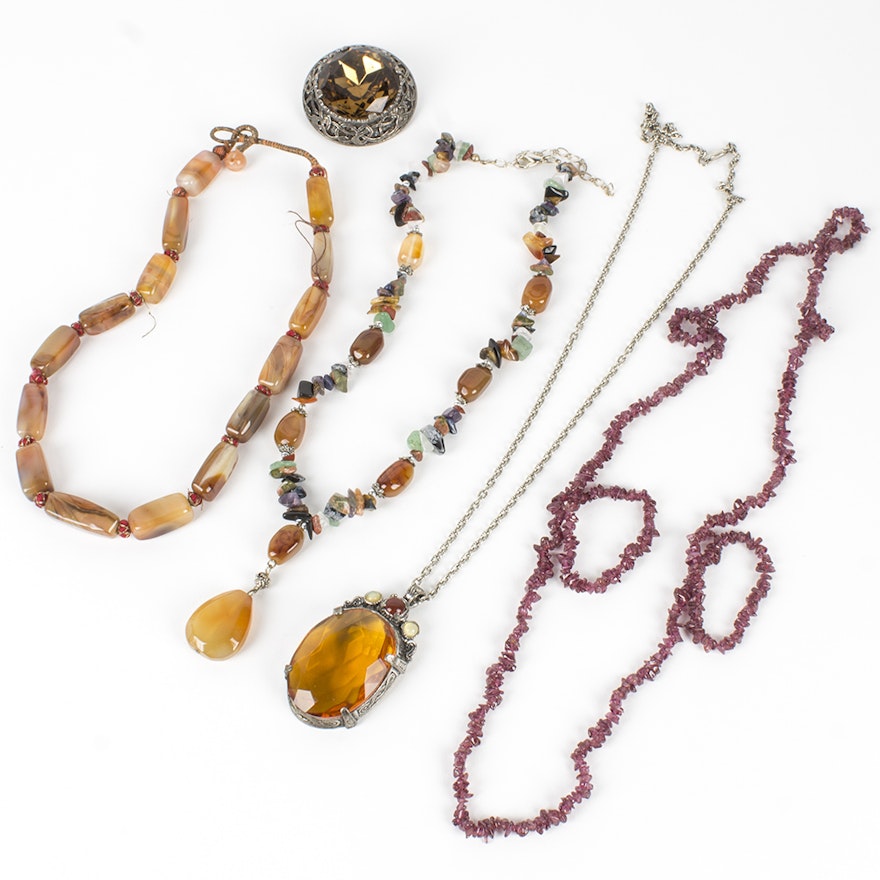 Collection of Beaded Necklaces and Brooch