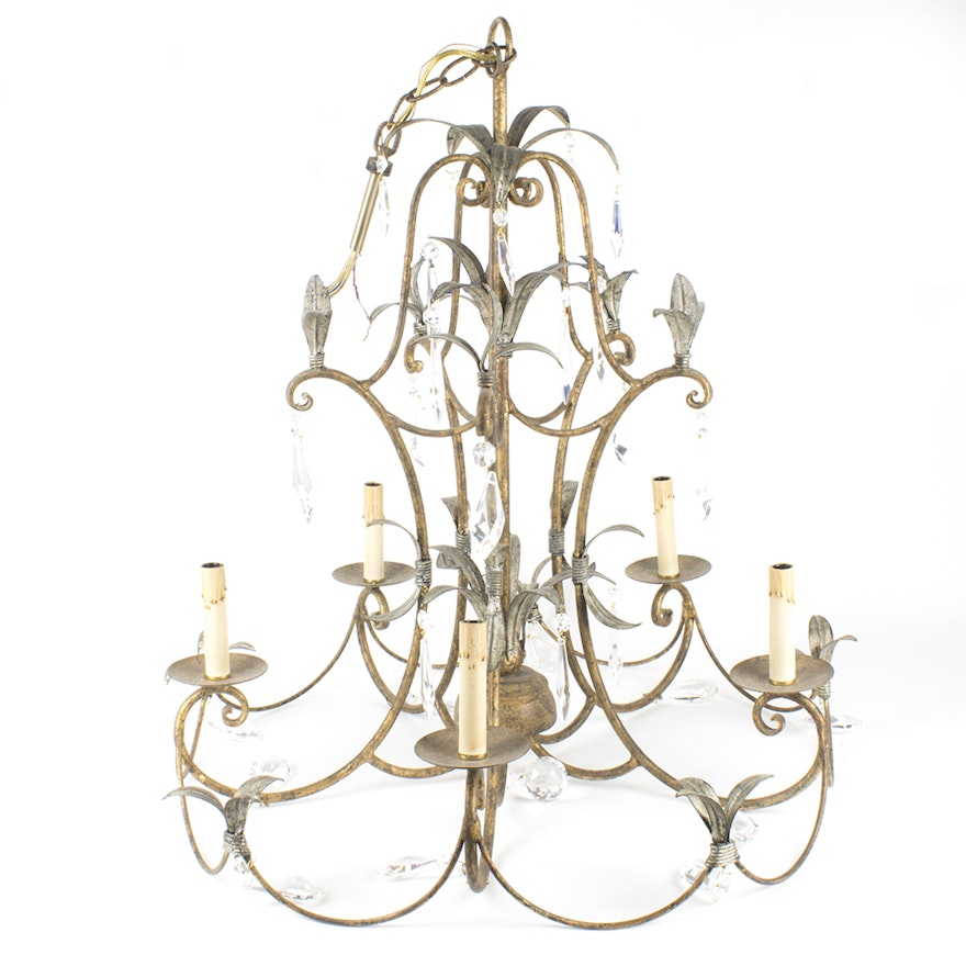 Rococo Style Silver and Gold Metallic Finish Chandelier with Glass Pendants