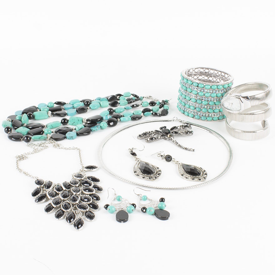 Collection of Silver Tone Black and Blue Jewelry