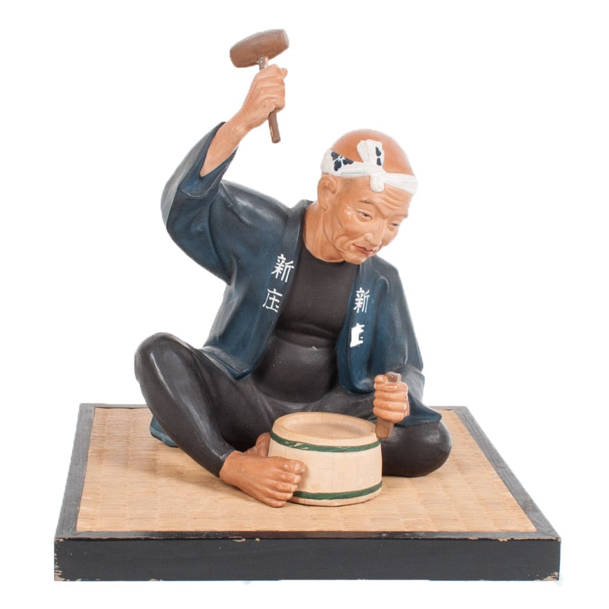 Vintage Japanese "Hakata Urasaki" Ceramic Doll of Barrel Maker