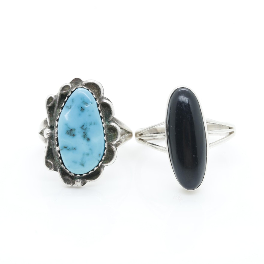 Southwestern Style Sterling Silver Turquoise and Black Onyx Rings
