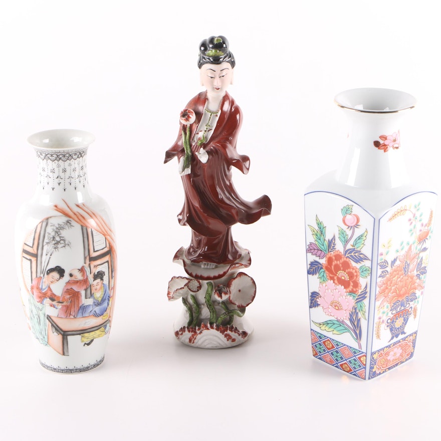 East Asian Ceramic Vases and Guanyin Figurine