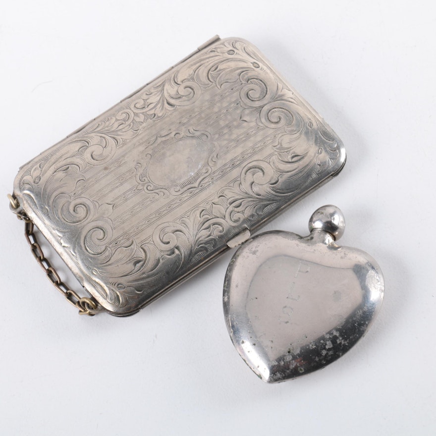 Vintage Silver Plate Coin Purse and Heart Perfume Bottle