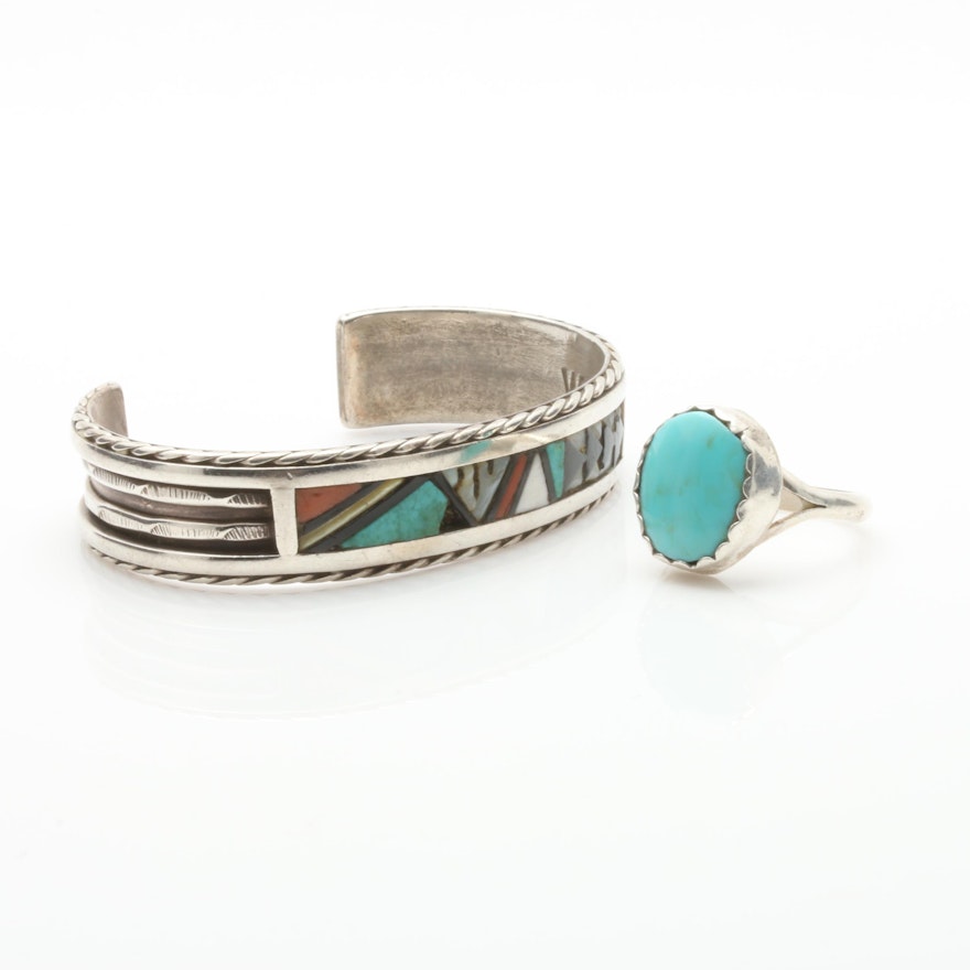 Southwestern Style Sterling Silver Imitation Turquoise Ring and Inlay Bracelet