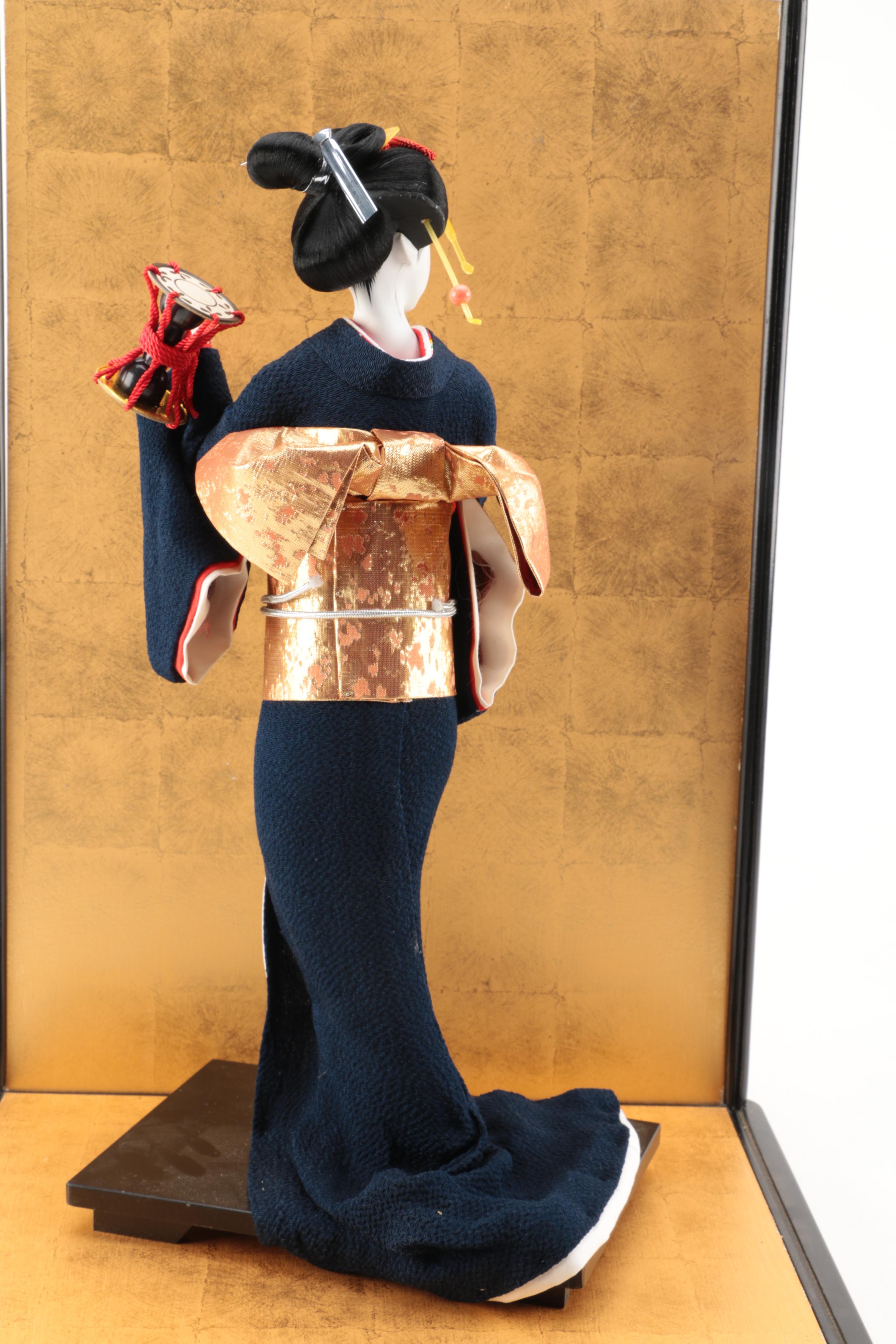 Vintage Japanese Porcelain Doll in Glass Display Case