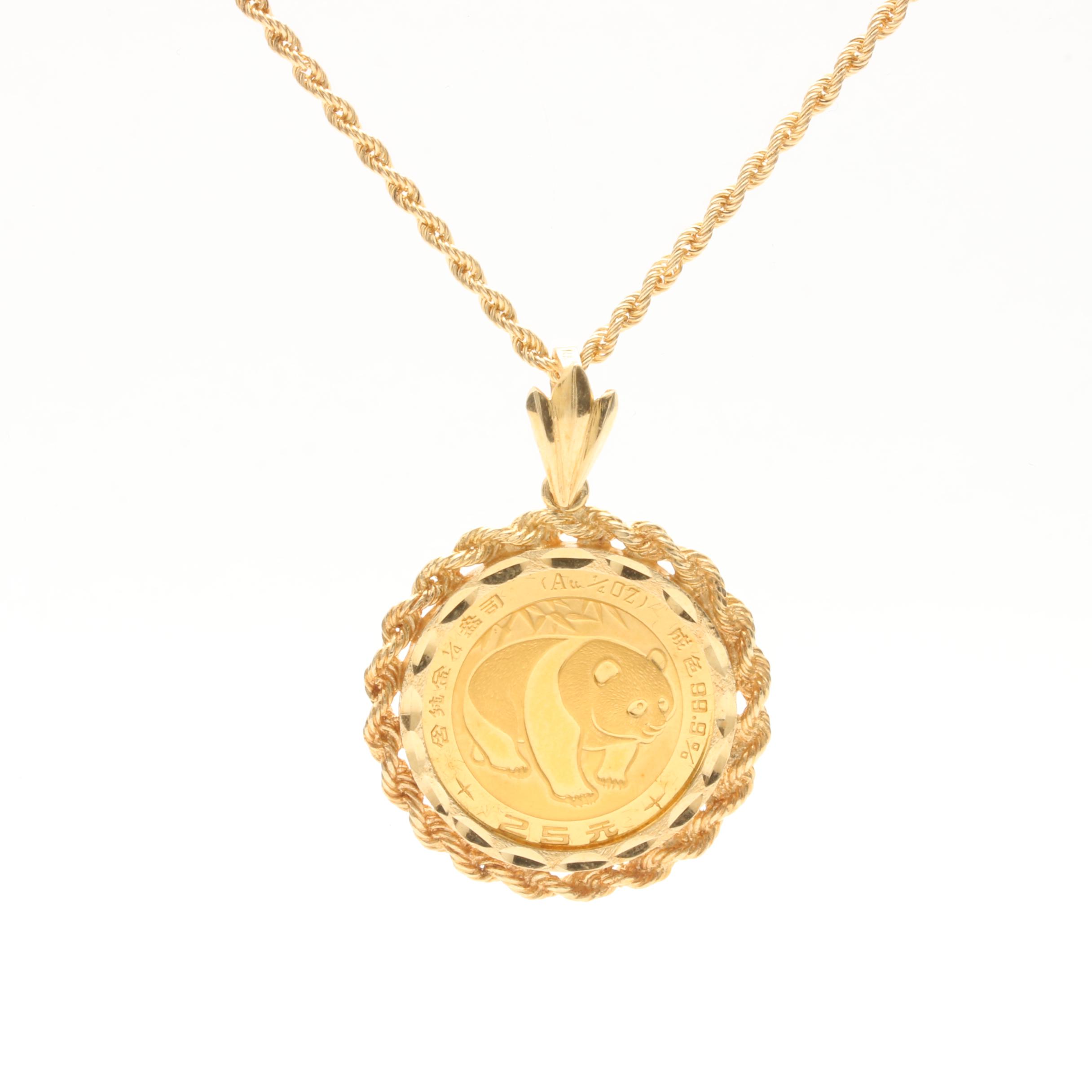 1983 24K Yellow Gold Chinese 25 Yuan Panda Coin in 14K Bezel Necklace