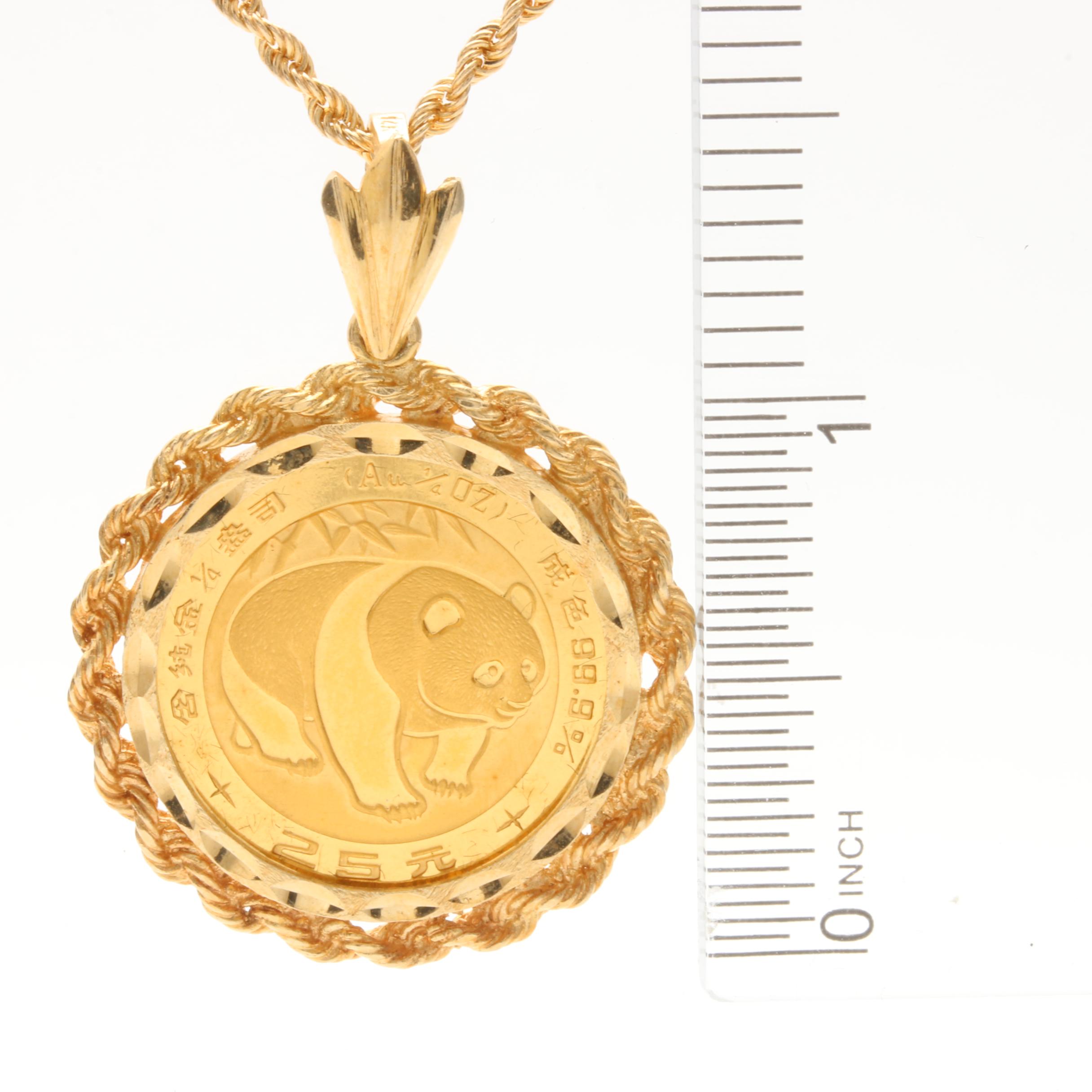 1983 24K Yellow Gold Chinese 25 Yuan Panda Coin in 14K Bezel Necklace