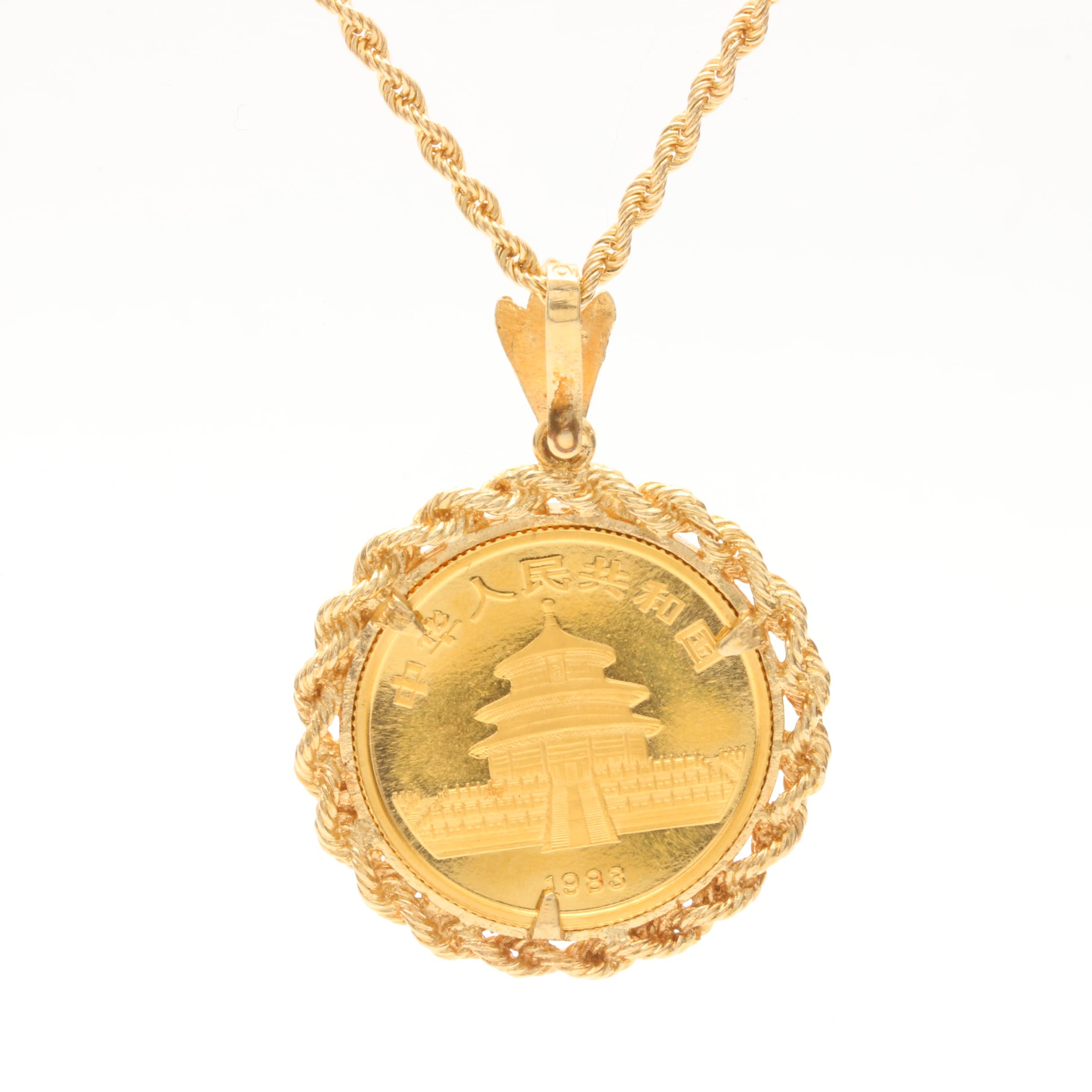 1983 24K Yellow Gold Chinese 25 Yuan Panda Coin in 14K Bezel Necklace