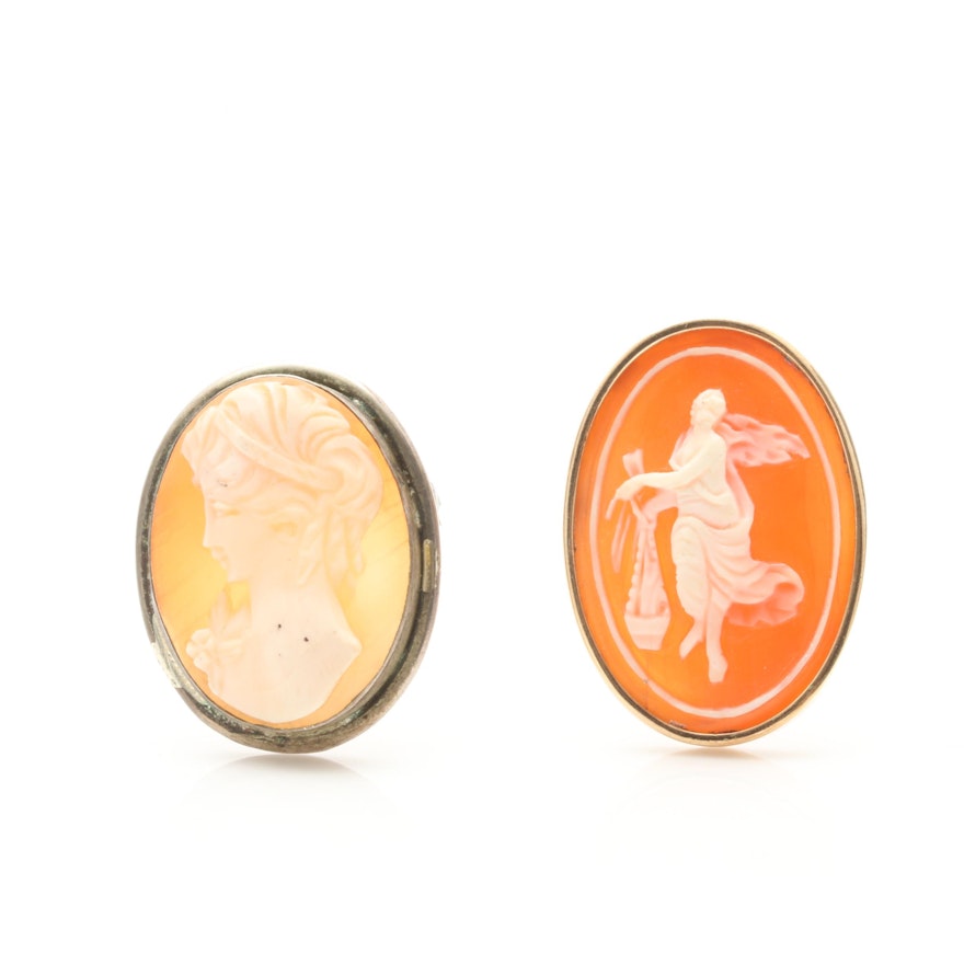 14K Yellow Gold and 800 Silver Cameo Pendant Brooch Pair