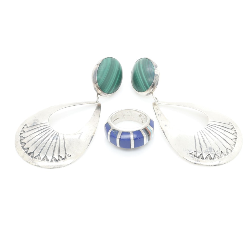 Southwestern Style Sterling Malachite Earrings and Imitation Lapis Lazuli Ring