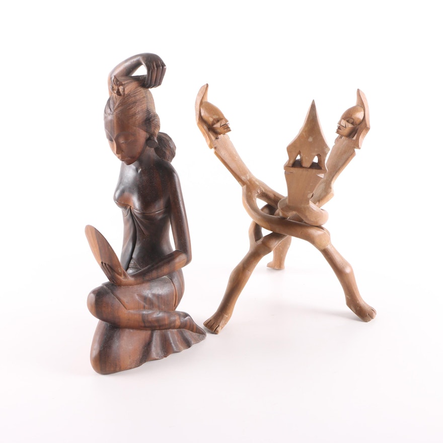 Figural Wood Cobra Stand and Carving