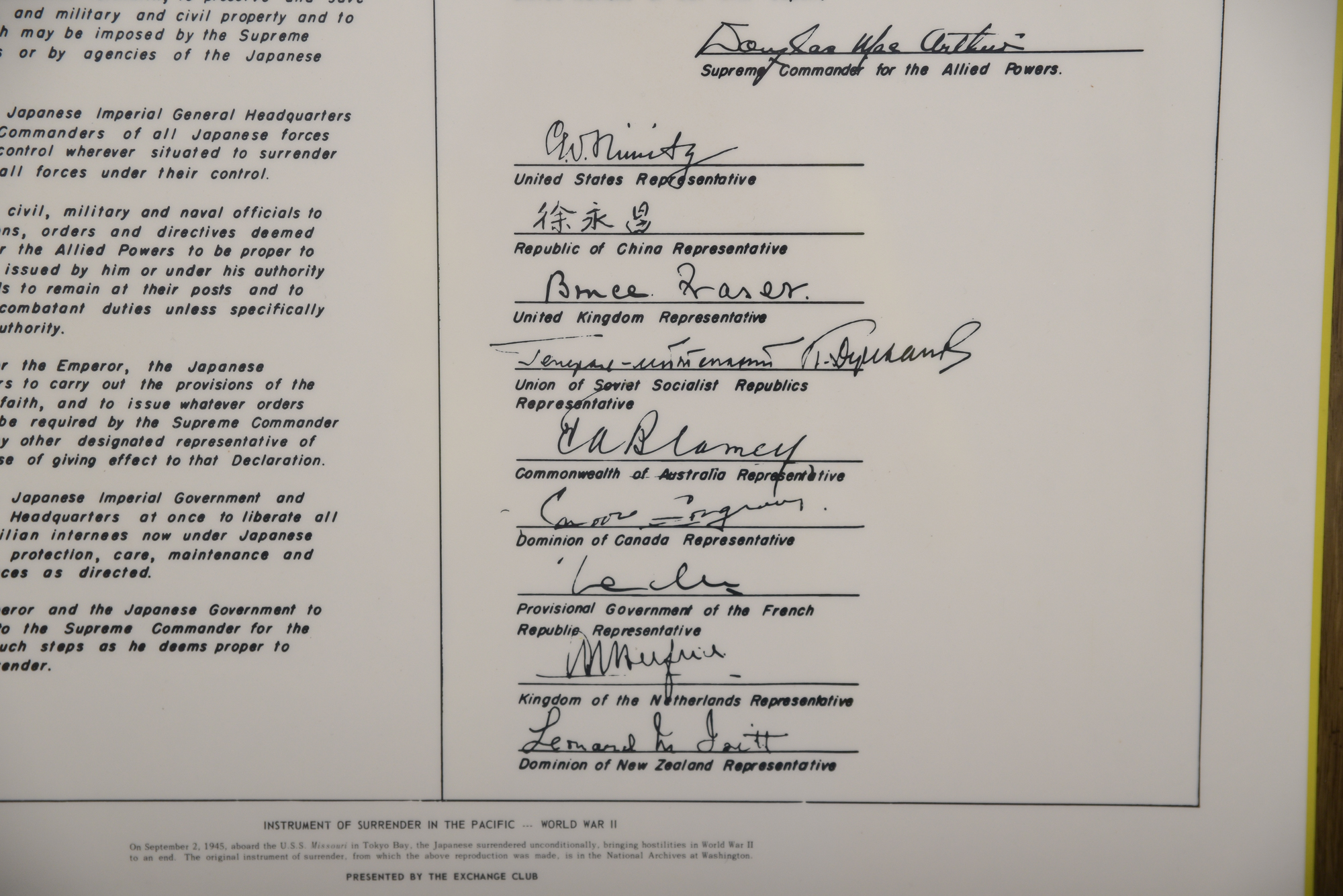 WWII Japanese Instrument of Surrender Reproduction Document