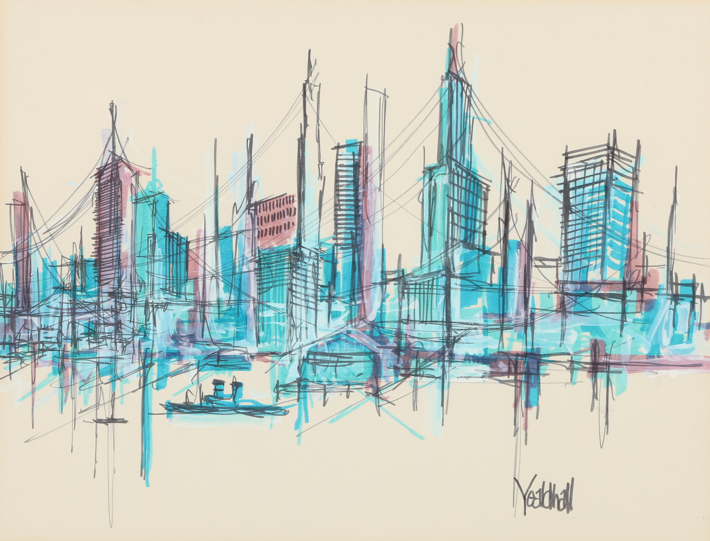 Bob Yealdhall Mixed Media Drawing of Skyline